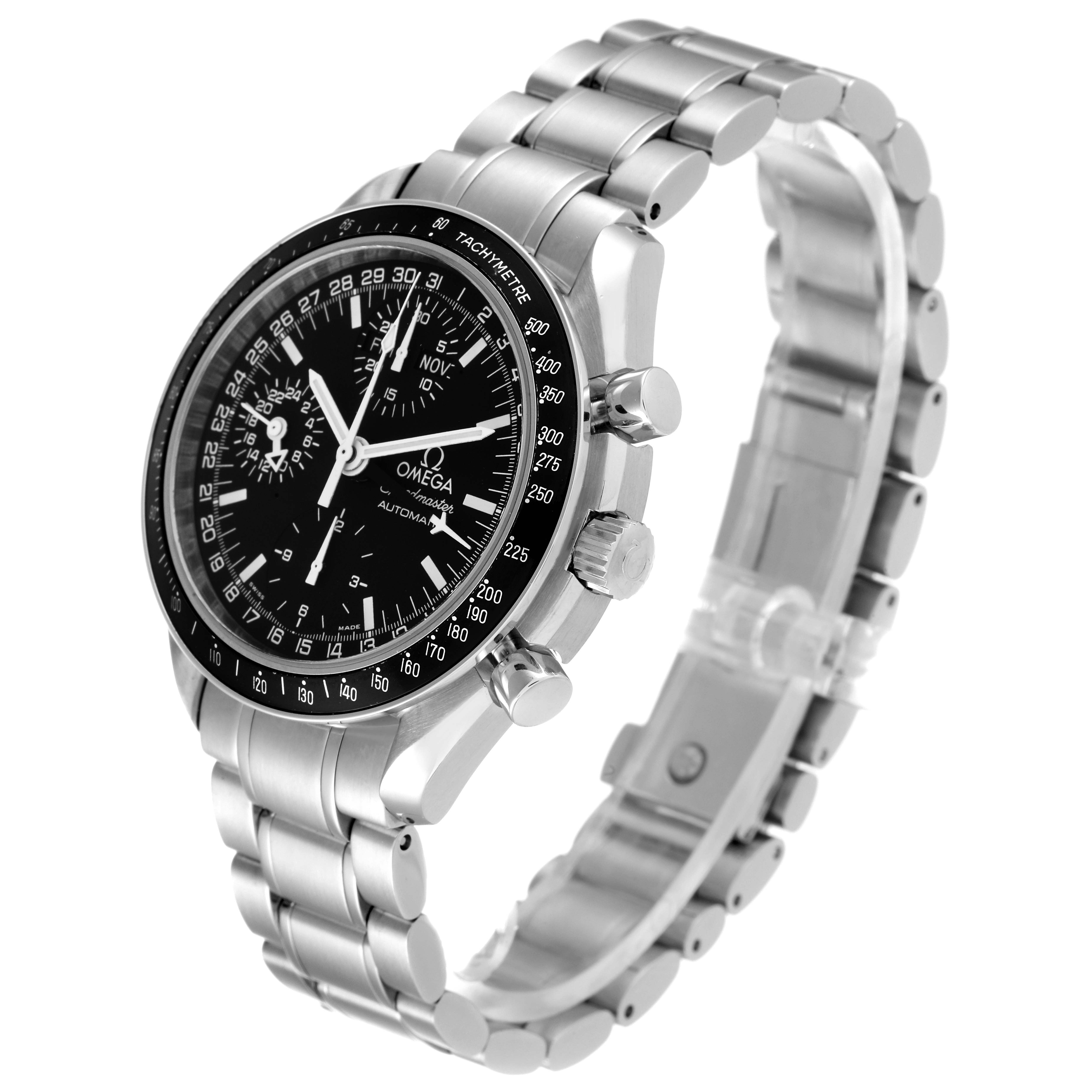 This Omega Speedmaster 3520.50.00 Men's Stainless Steel Black Dial 3520.50.00 Men's Stainless Steel Black Dial watch is shown at an angle, displaying the face, bezel, crown, pushers, and part of the bracelet.