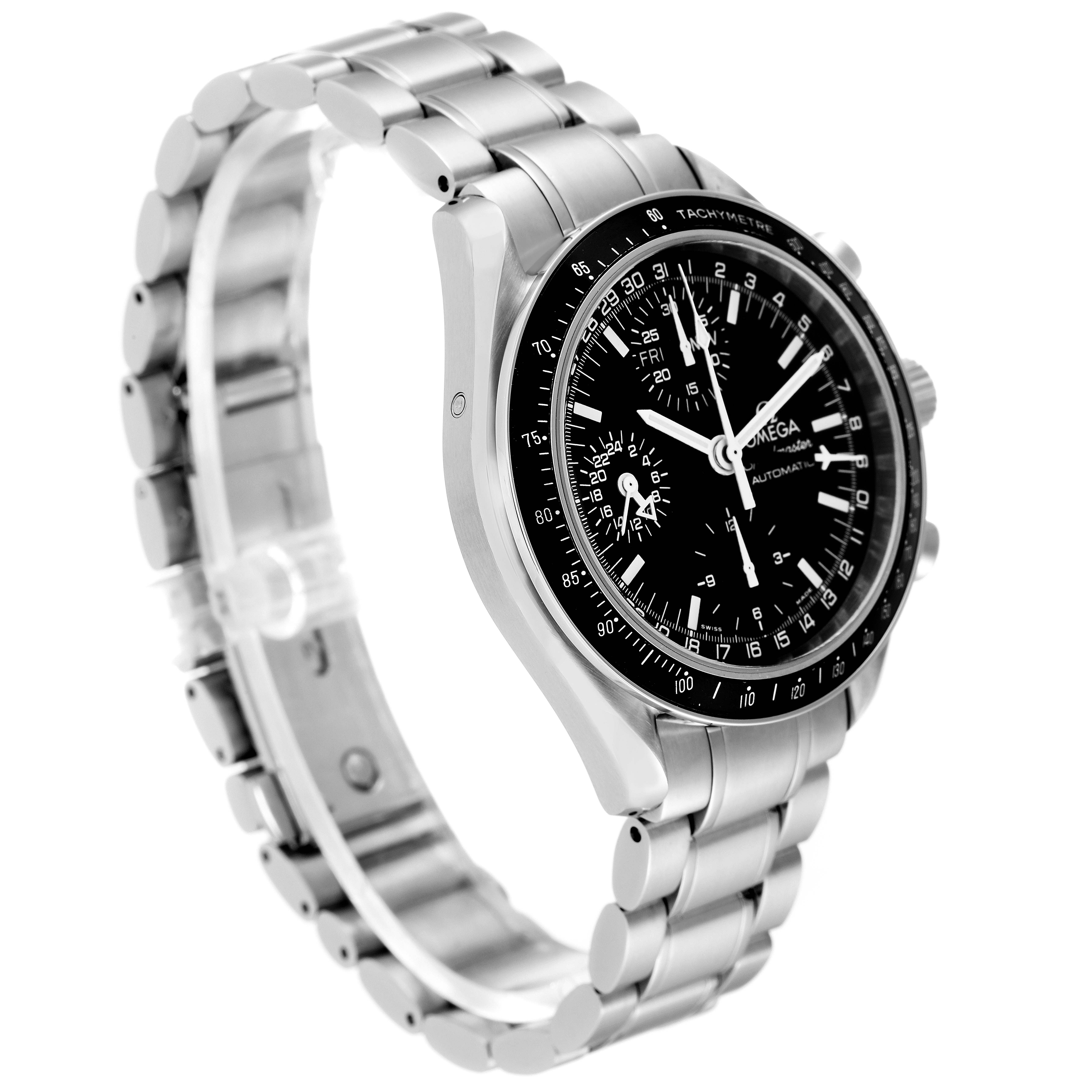 The Omega Speedmaster 3520.50.00 Men's Stainless Steel Black Dial 3520.50.00 Men's Stainless Steel Black Dial watch is shown from a three-quarter angle, highlighting its face, bezel, and metal bracelet.