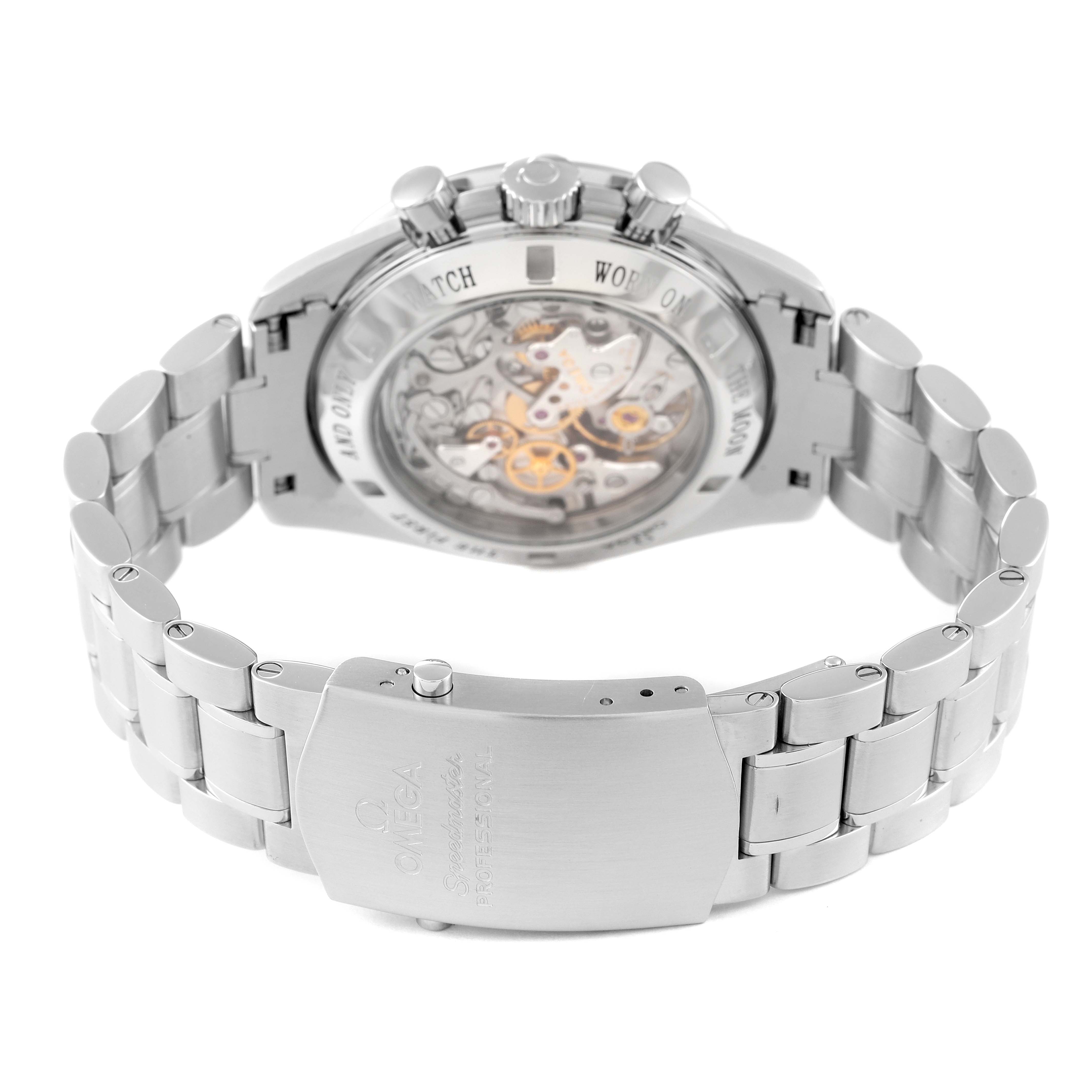 This image of the Omega Speedmaster 311.30.42.30.01.006 Men's Stainless Steel Black Dial 311.30.42.30.01.006 Men's Stainless Steel Black Dial model shows the back view, highlighting the stainless steel bracelet, clasp, and exhibition case back.