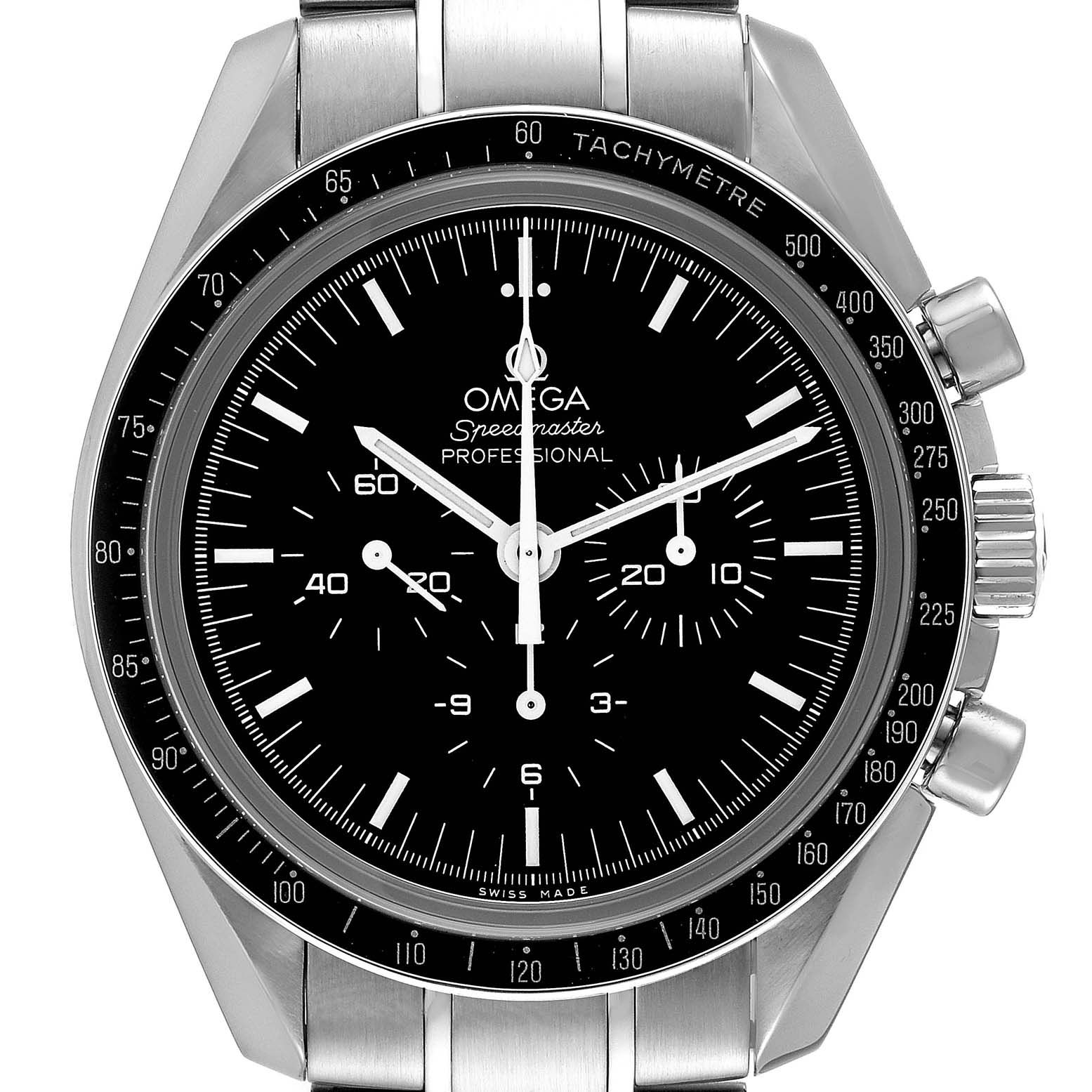 The image shows a front view of the Omega Speedmaster 311.30.42.30.01.006 Men's Stainless Steel Black Dial 311.30.42.30.01.006 Men's Stainless Steel Black Dial watch, including the dial, bezel, and part of the bracelet.