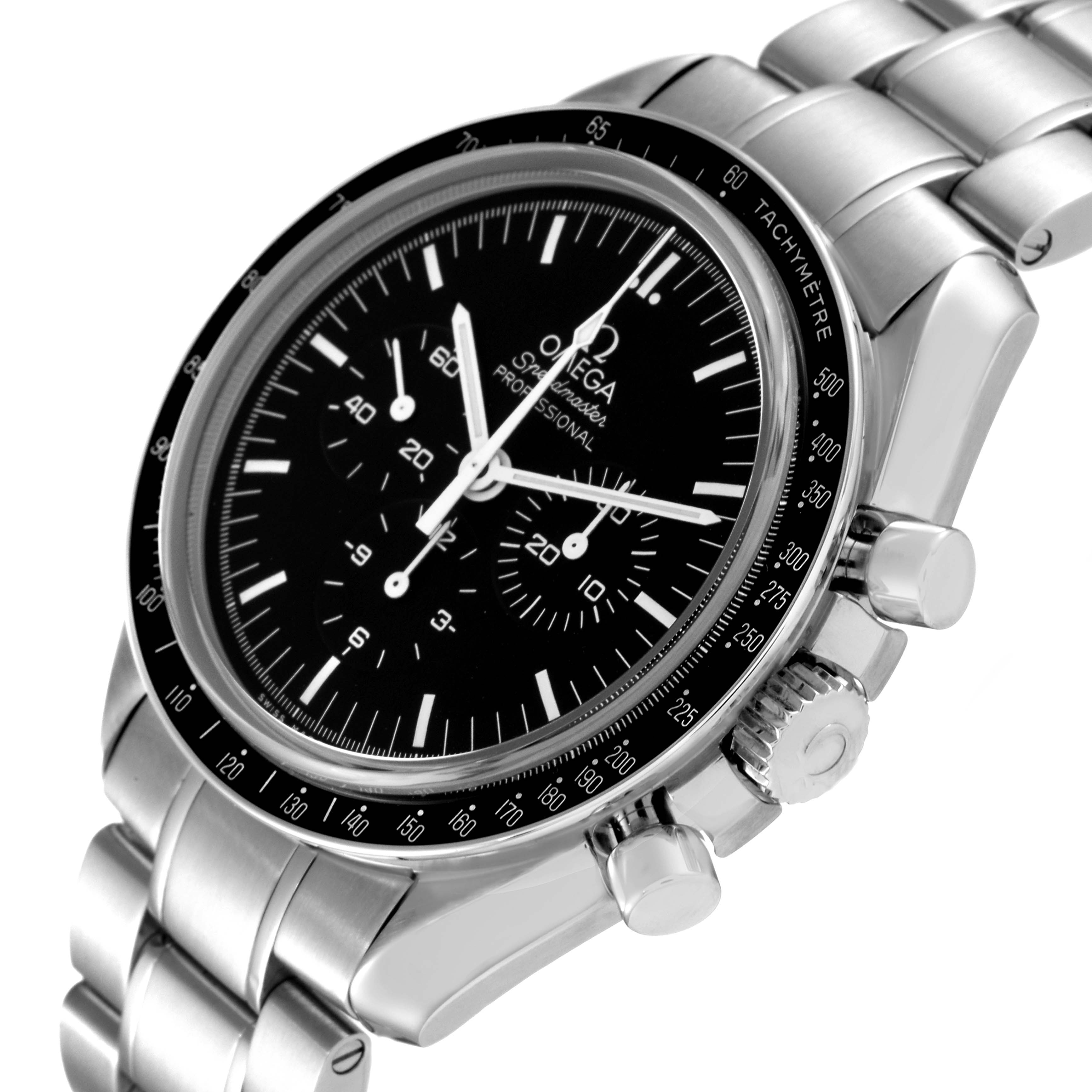 The image shows a close-up side angle of an Omega Speedmaster 311.30.42.30.01.006 Men's Stainless Steel Black Dial 311.30.42.30.01.006 Men's Stainless Steel Black Dial wristwatch, highlighting the dial, bezel, and stainless steel bracelet.
