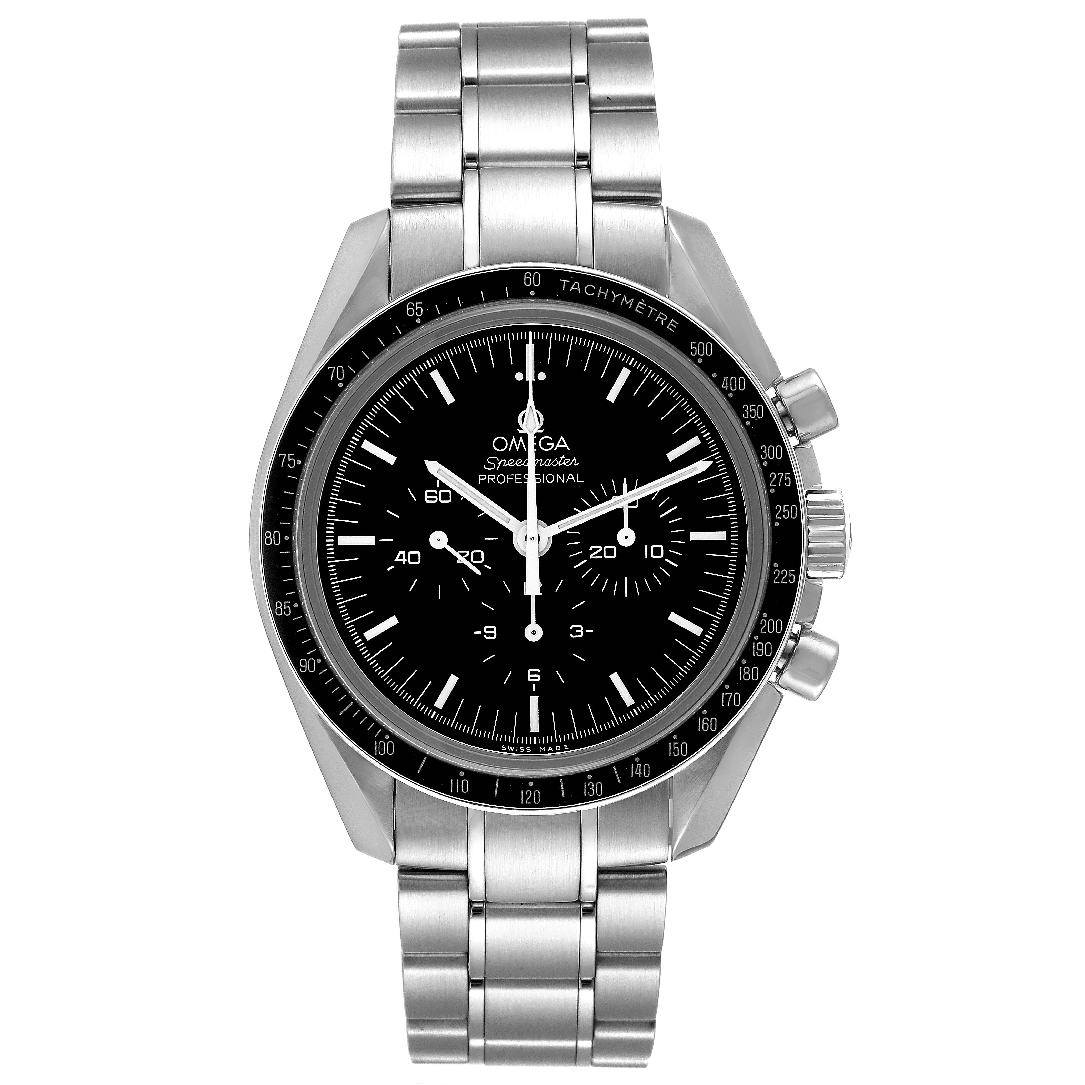 The image shows a front view of an Omega Speedmaster 311.30.42.30.01.006 Men's Stainless Steel Black Dial 311.30.42.30.01.006 Men's Stainless Steel Black Dial watch, displaying the dial, hands, bezel, and metal bracelet.