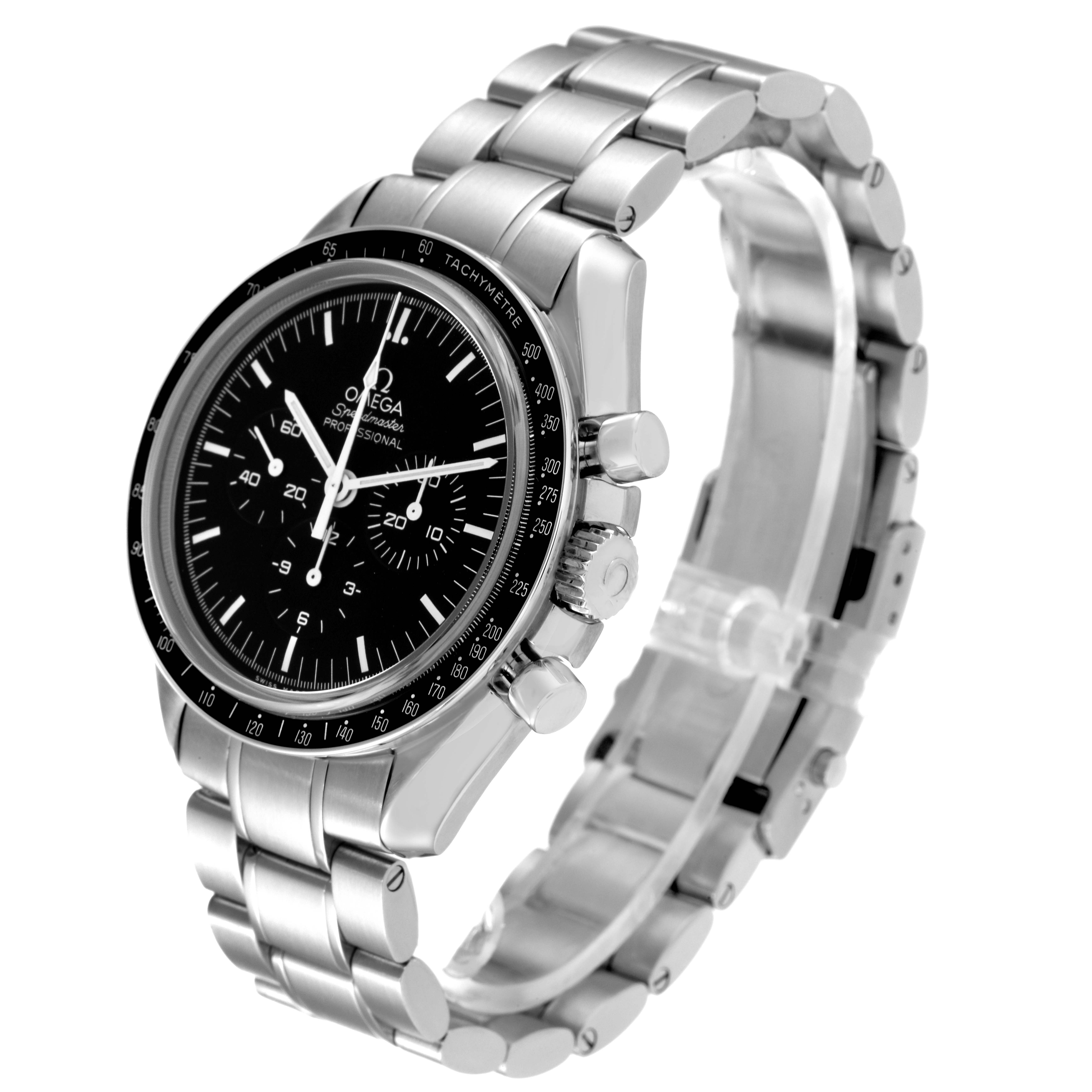 The image shows an angled view of an Omega Speedmaster 311.30.42.30.01.006 Men's Stainless Steel Black Dial 311.30.42.30.01.006 Men's Stainless Steel Black Dial watch, highlighting the face, bezel, crown, pushers, and metal bracelet.