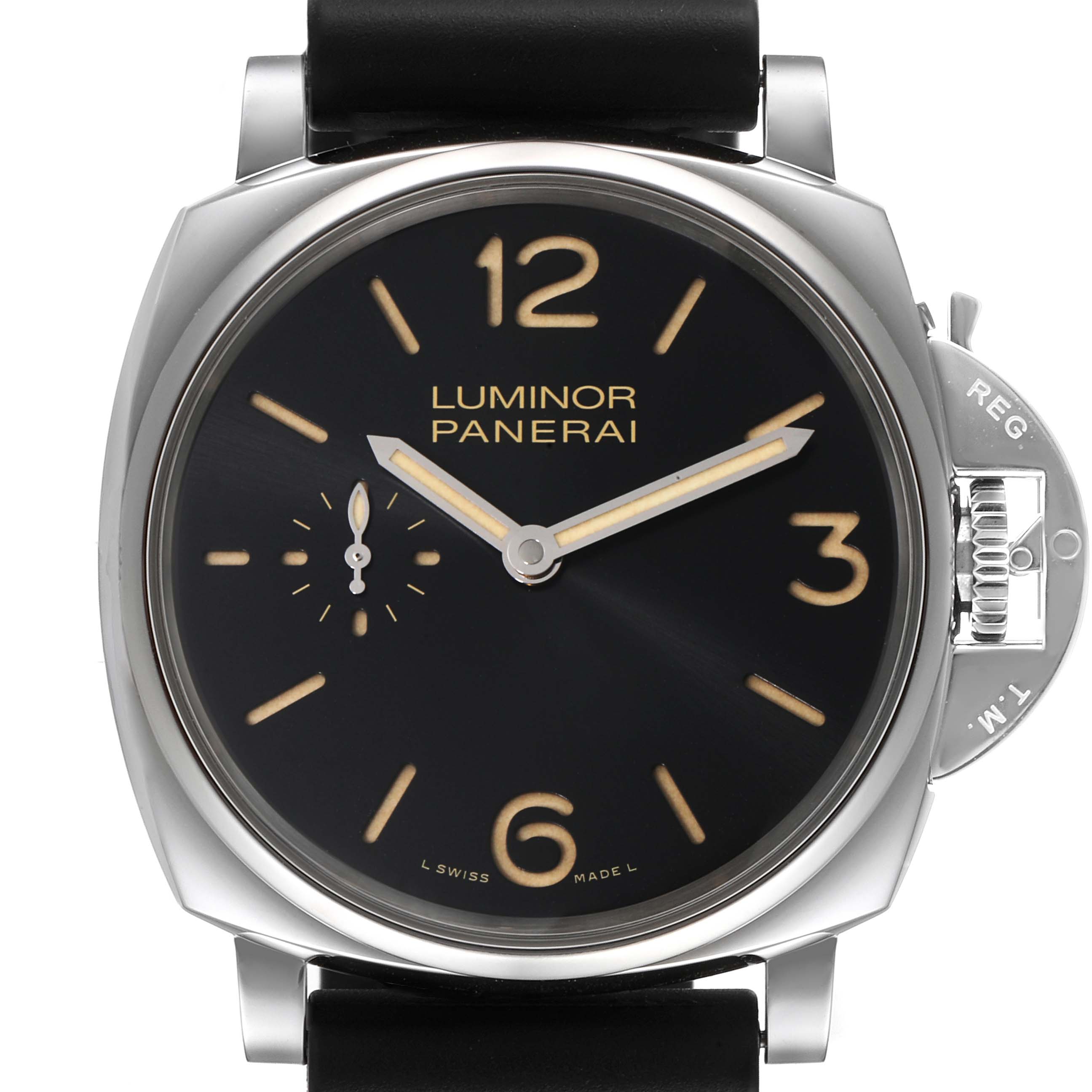 The Luminor Due model by Panerai is shown from the front, displaying its black dial and prominent crown guard.