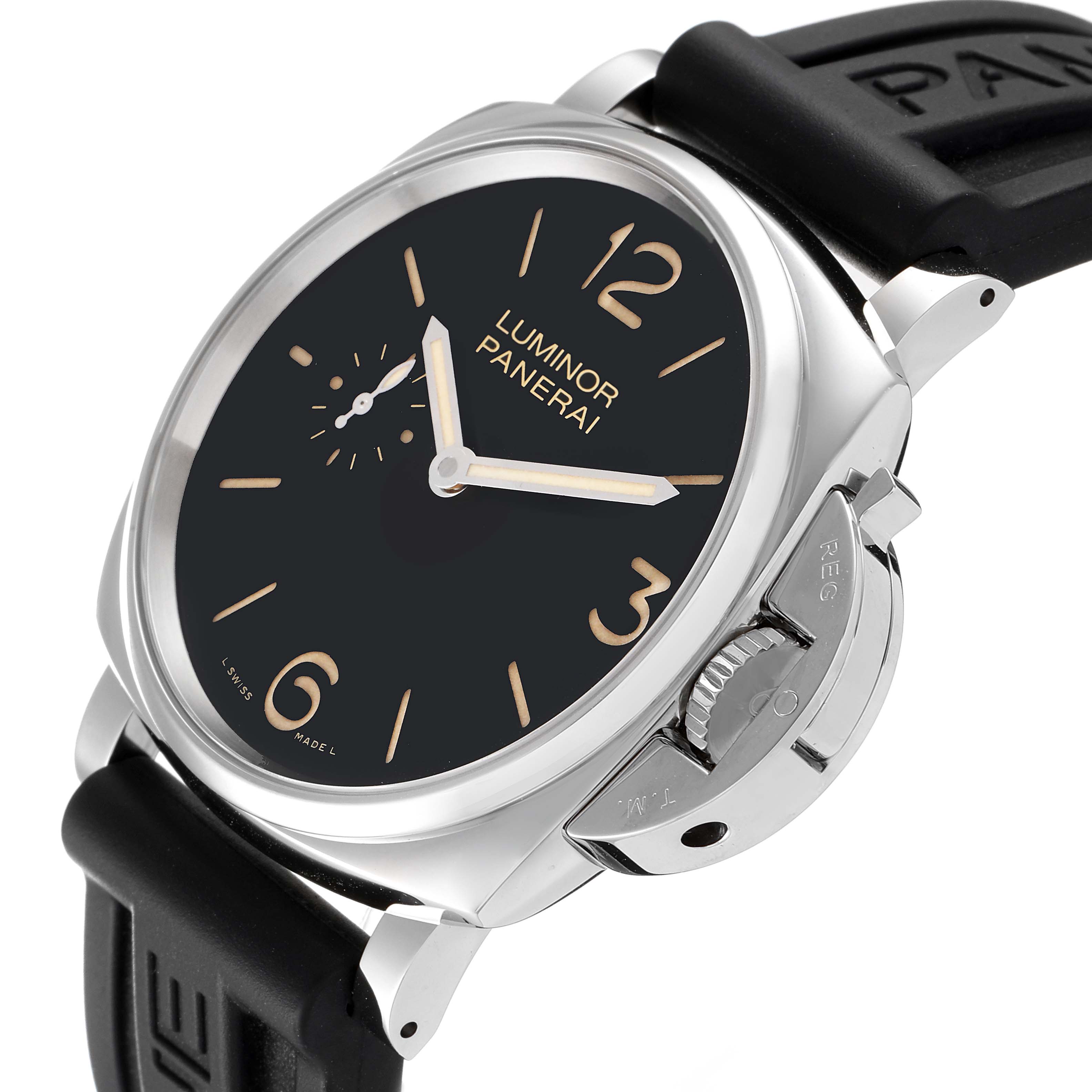 The image shows a close-up, angled view of a Panerai Luminor Due PAM00676 Men's Stainless Steel Black Dial PAM00676 Men's Stainless Steel Black Dial watch, highlighting the dial, case, crown, and band.
