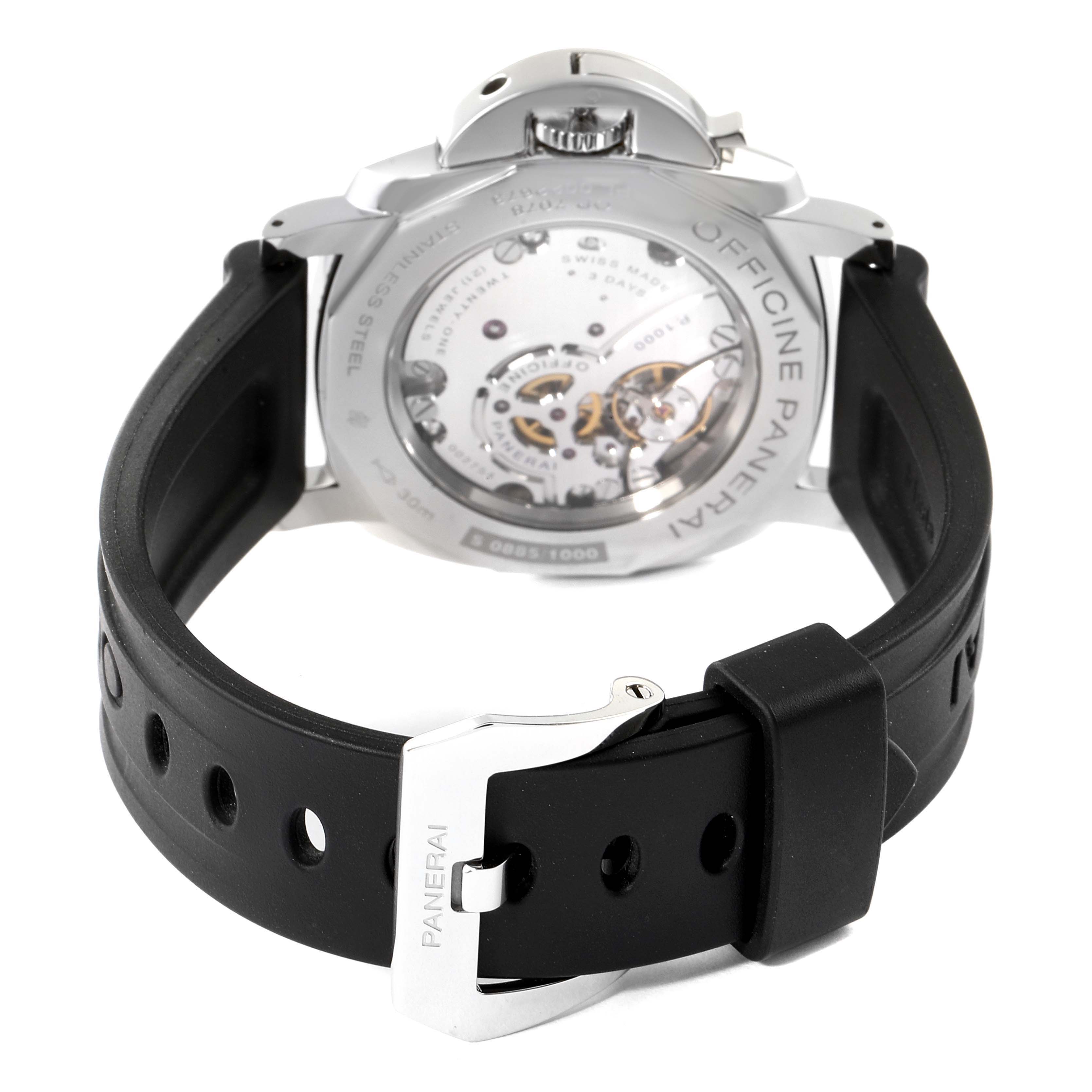 The image shows the back view of a Panerai Luminor Due PAM00676 Men's Stainless Steel Black Dial PAM00676 Men's Stainless Steel Black Dial watch, showcasing its transparent case back and black rubber strap.