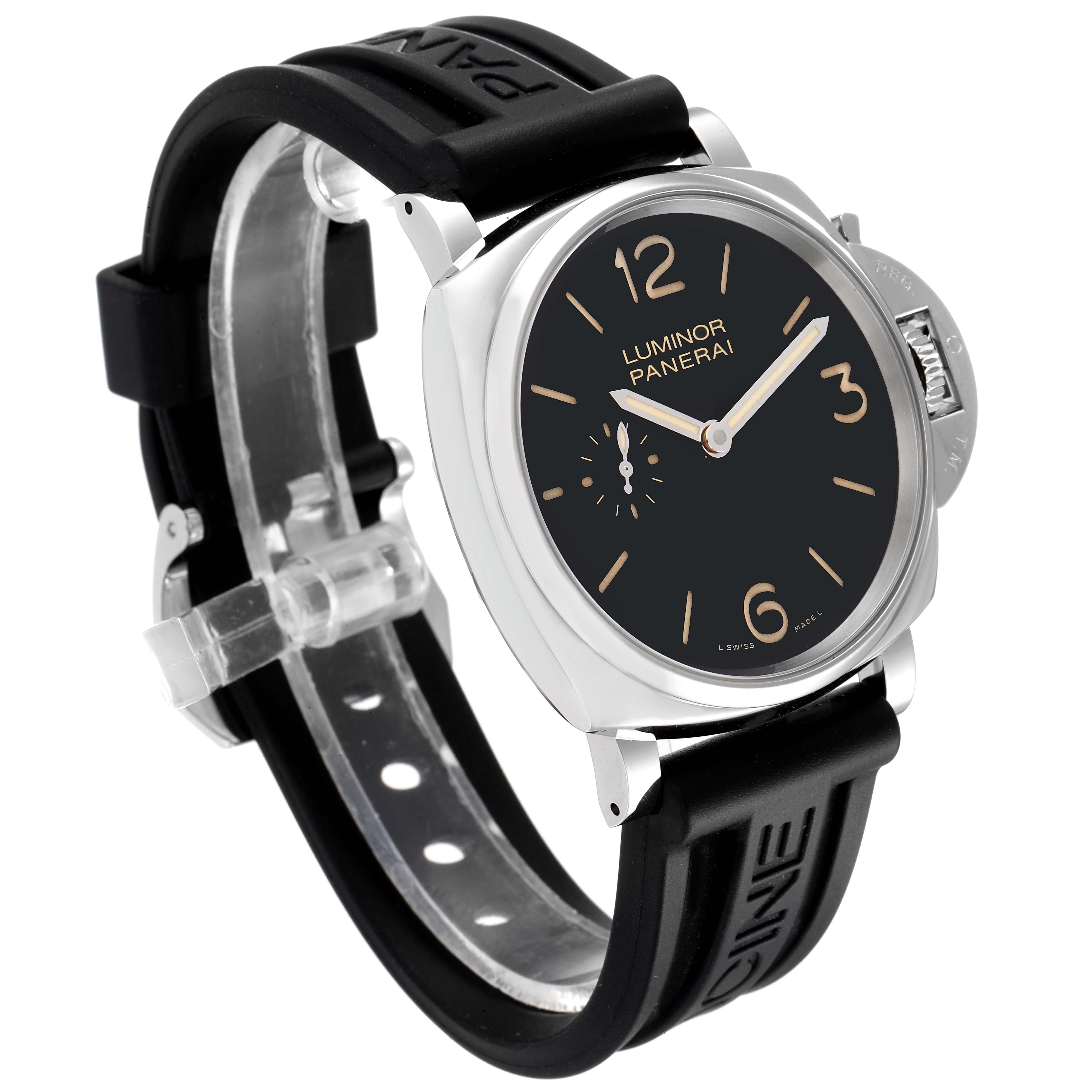 The image shows a Panerai Luminor Due PAM00676 Men's Stainless Steel Black Dial PAM00676 Men's Stainless Steel Black Dial watch at a three-quarter angle, highlighting its black dial, strap, and crown guard.