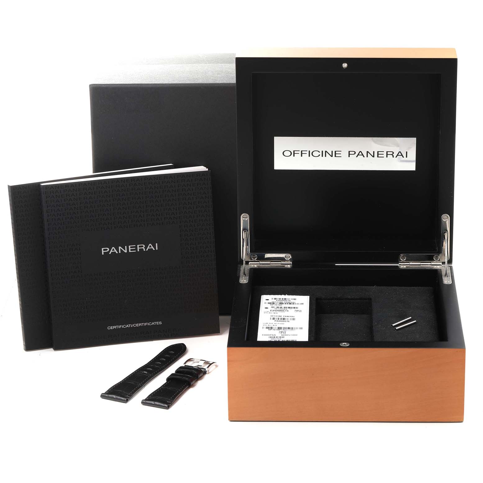 This image shows the packaging, manuals, and accessories of the Panerai Luminor Due PAM00676 Men's Stainless Steel Black Dial PAM00676 Men's Stainless Steel Black Dial watch, including extra straps and a storage box.