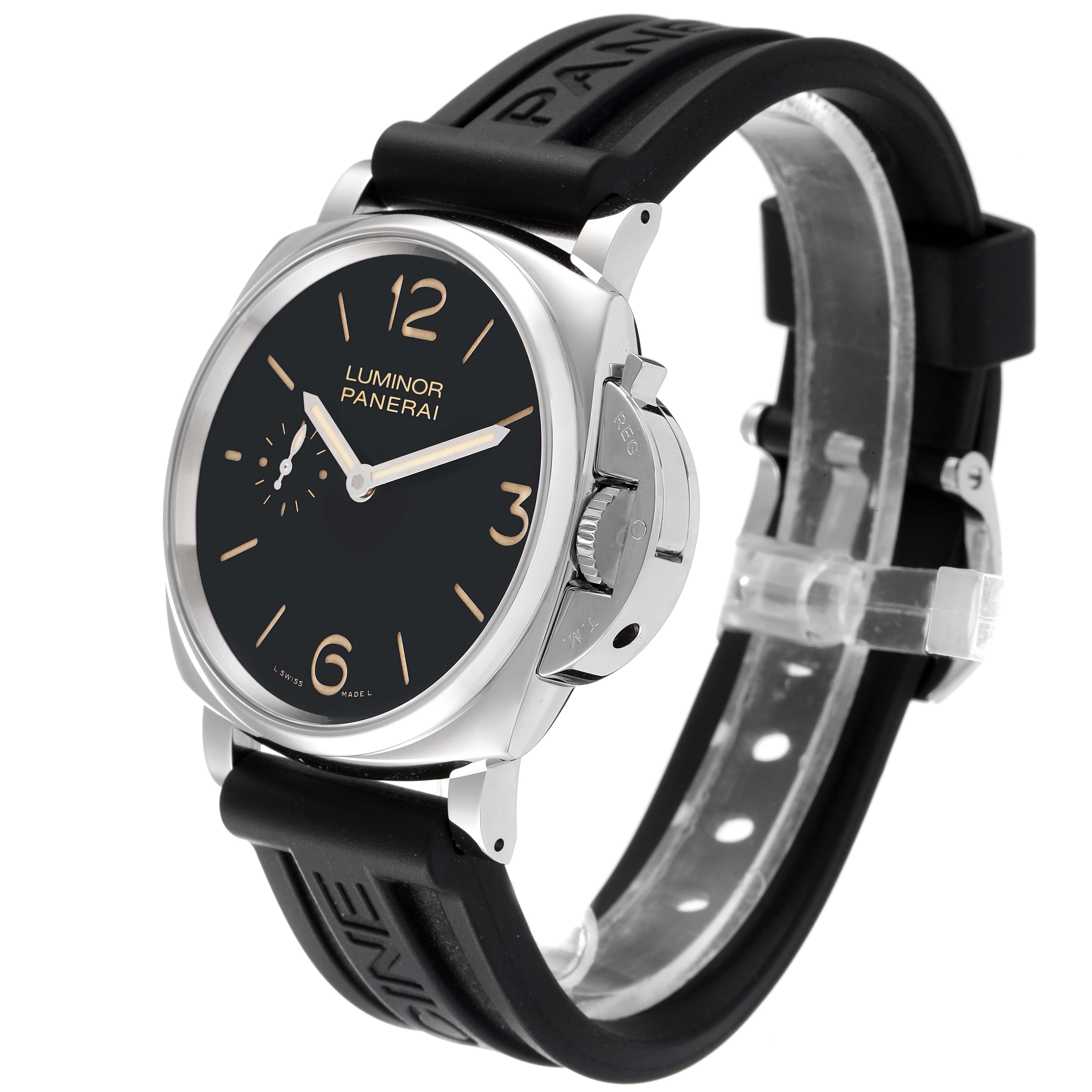 The image shows a Panerai Luminor Due PAM00676 Men's Stainless Steel Black Dial PAM00676 Men's Stainless Steel Black Dial watch at a three-quarter angle, displaying the face, crown, and rubber strap.