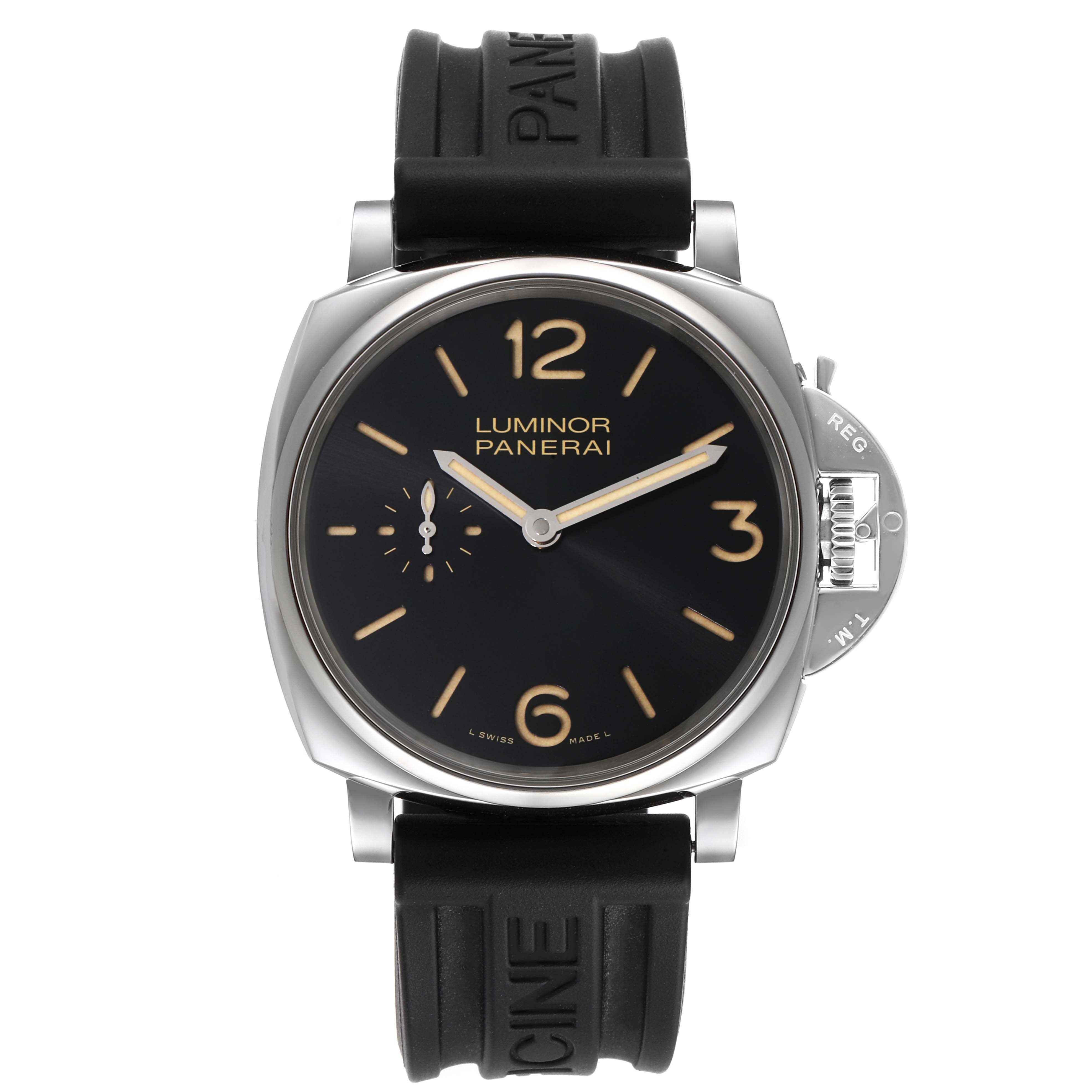 This image shows a front view of the Panerai Luminor Due PAM00676 Men's Stainless Steel Black Dial PAM00676 Men's Stainless Steel Black Dial, including the watch face, strap, and crown guard.