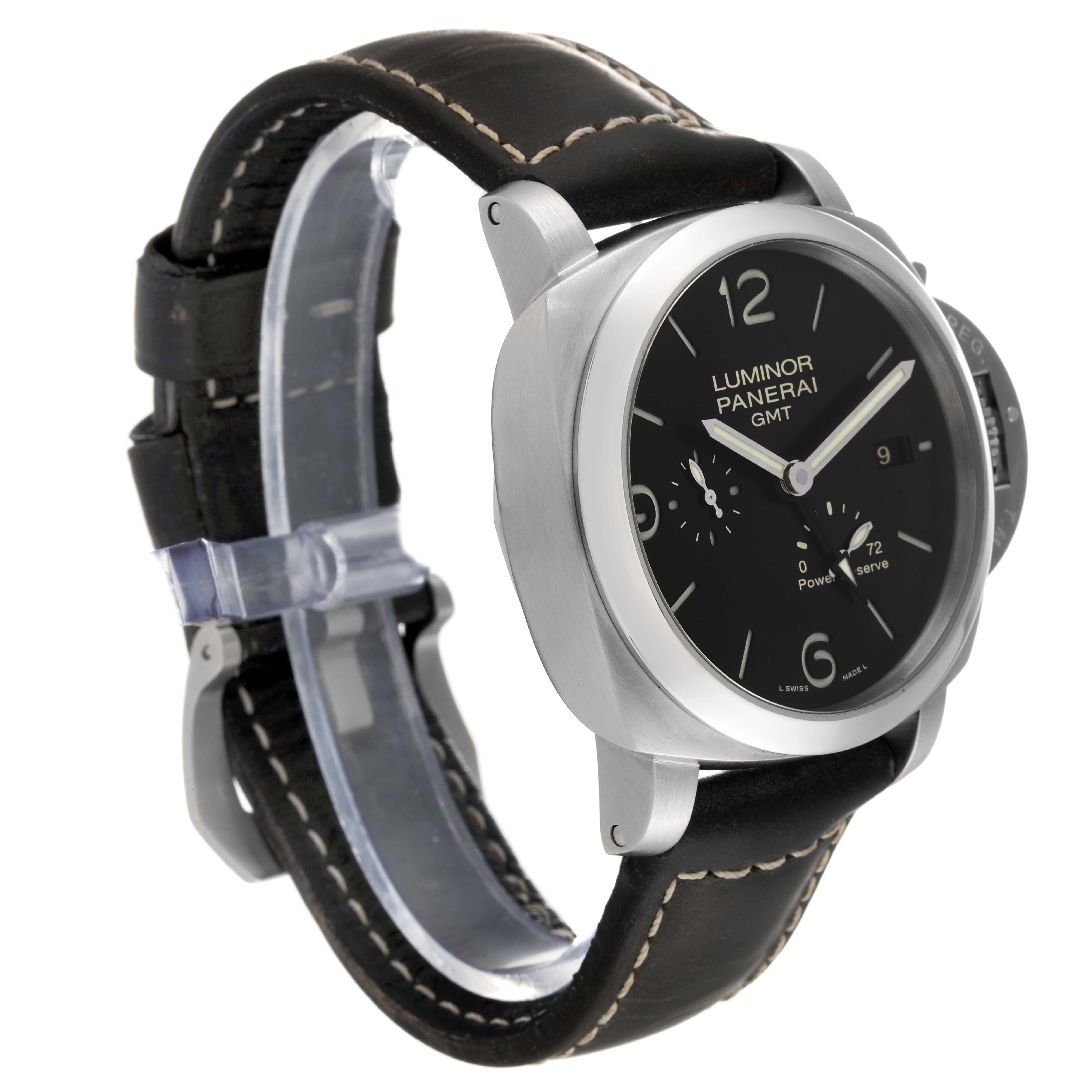 The image shows a side angle of the Panerai Luminor PAM00321 Men
s Stainless Steel Black Dial PAM00321 Men
s Stainless Steel Black Dial GMT watch, including its black dial, crown guard, and black leather strap.