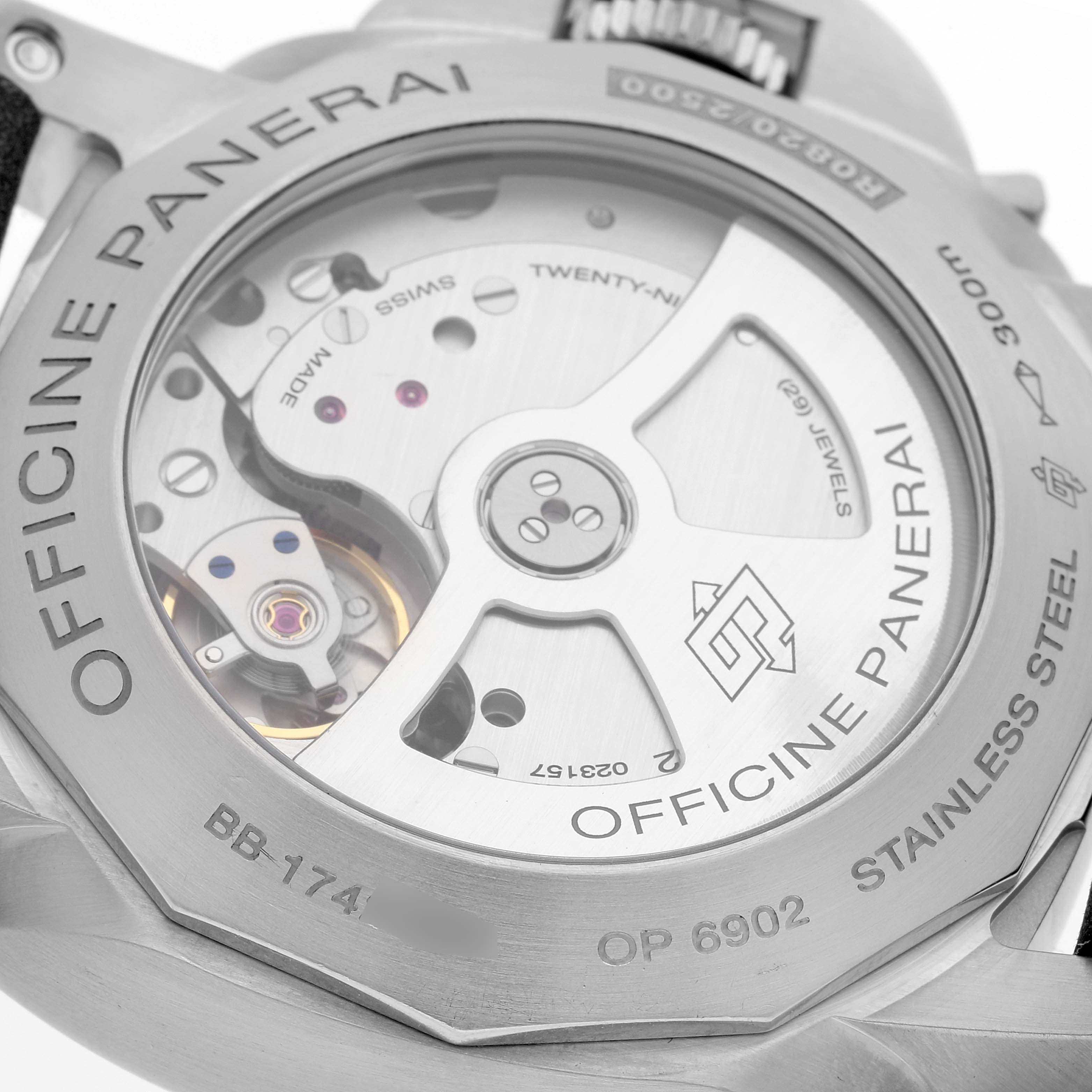 Close-up of the back view of the Luminor model by Panerai, showing the internal mechanism and engravings.