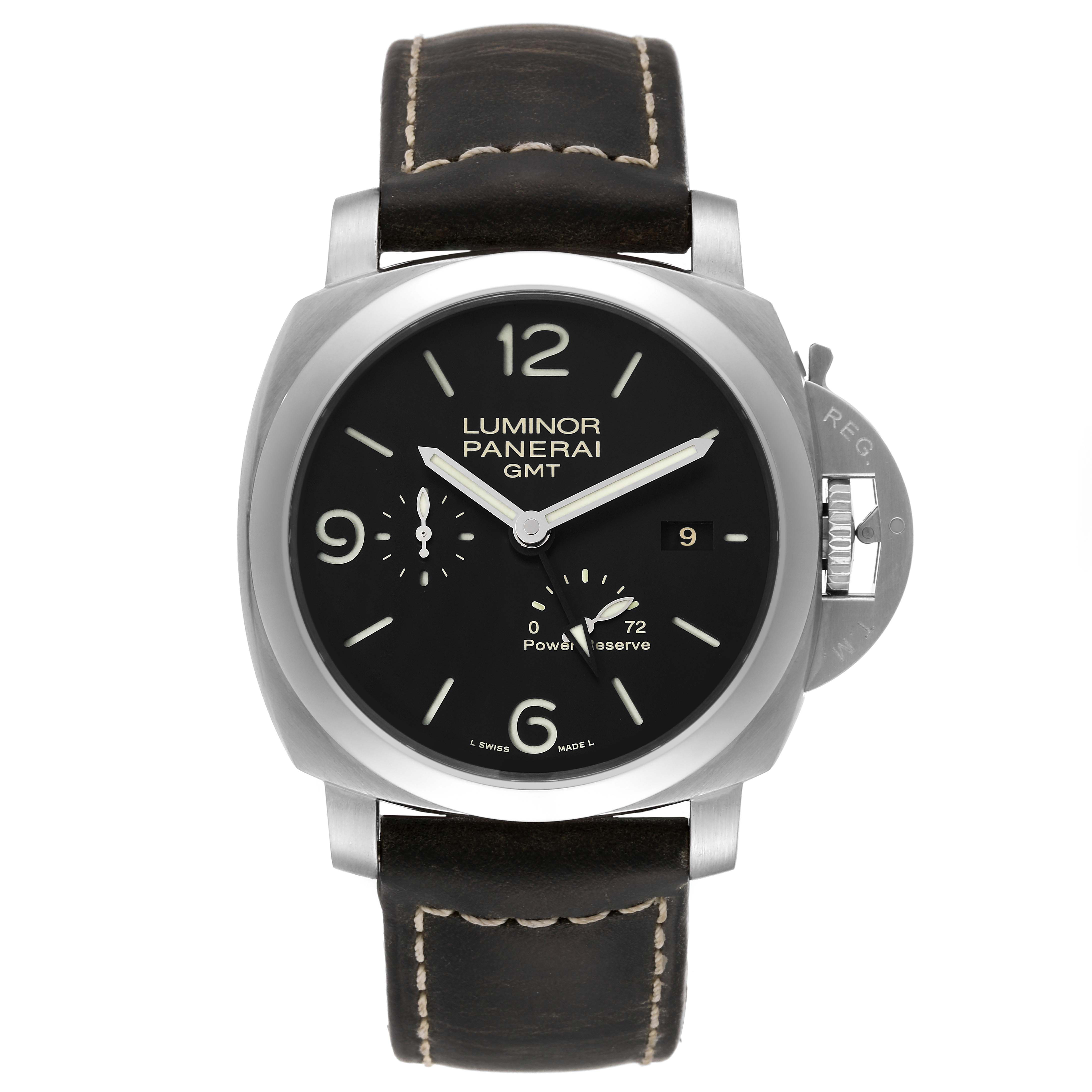 The image shows a front view of the Panerai Luminor PAM00321 Men
s Stainless Steel Black Dial PAM00321 Men
s Stainless Steel Black Dial GMT watch, displaying its face, bezel, crown guard, and leather strap.