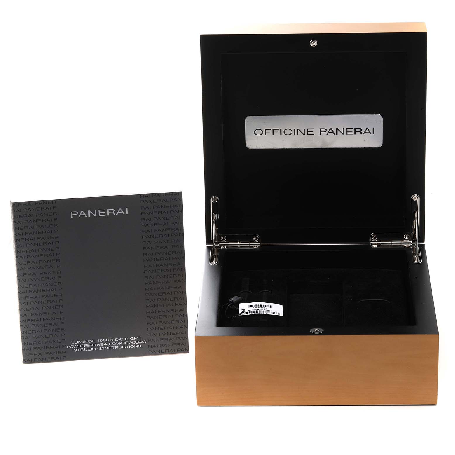 This image shows an open Panerai Luminor PAM00321 Men
s Stainless Steel Black Dial PAM00321 Men
s Stainless Steel Black Dial watch box and an instruction manual placed beside it.