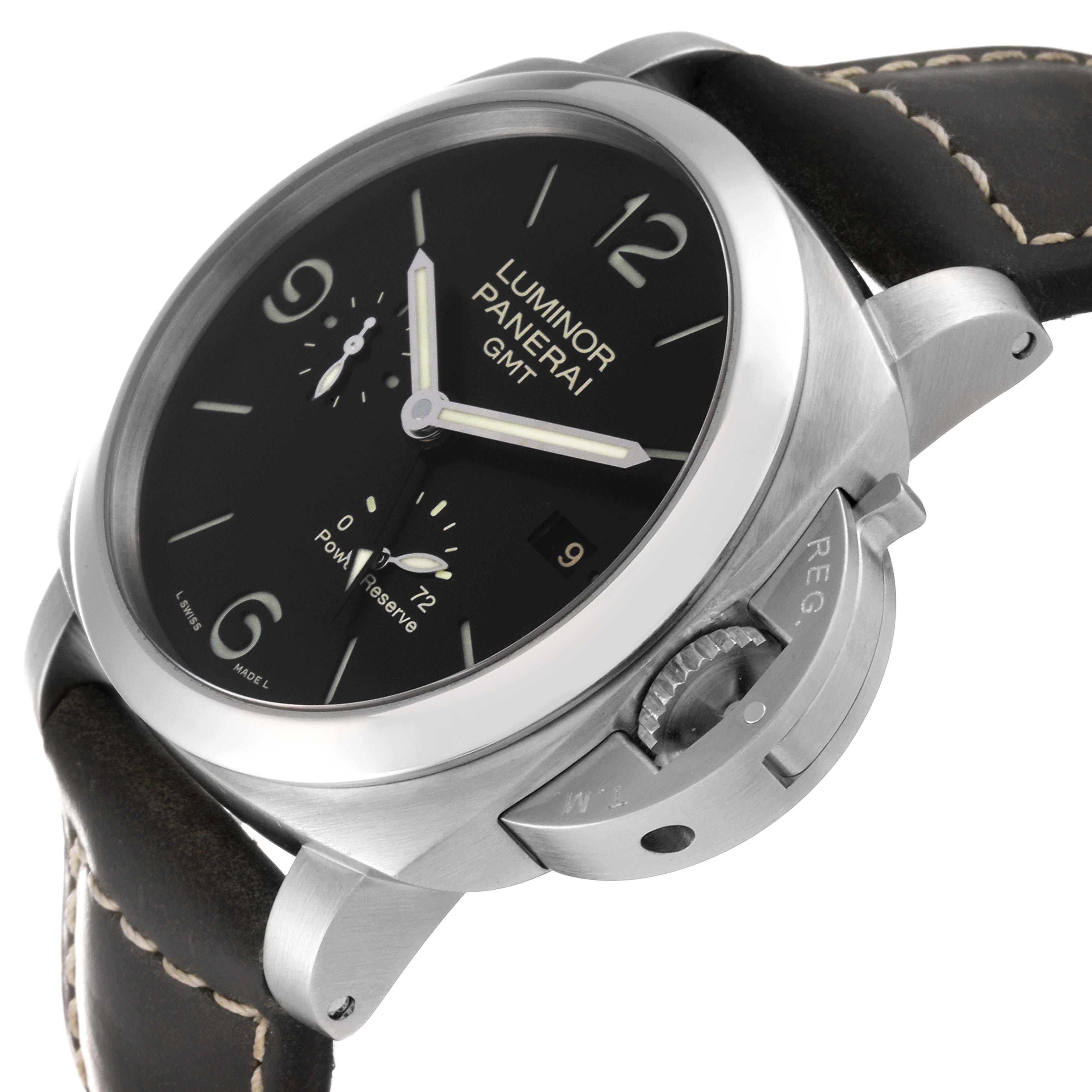 The image shows a Panerai Luminor PAM00321 Men
s Stainless Steel Black Dial PAM00321 Men
s Stainless Steel Black Dial watch at an angle highlighting its dial, crown guard, and leather strap.