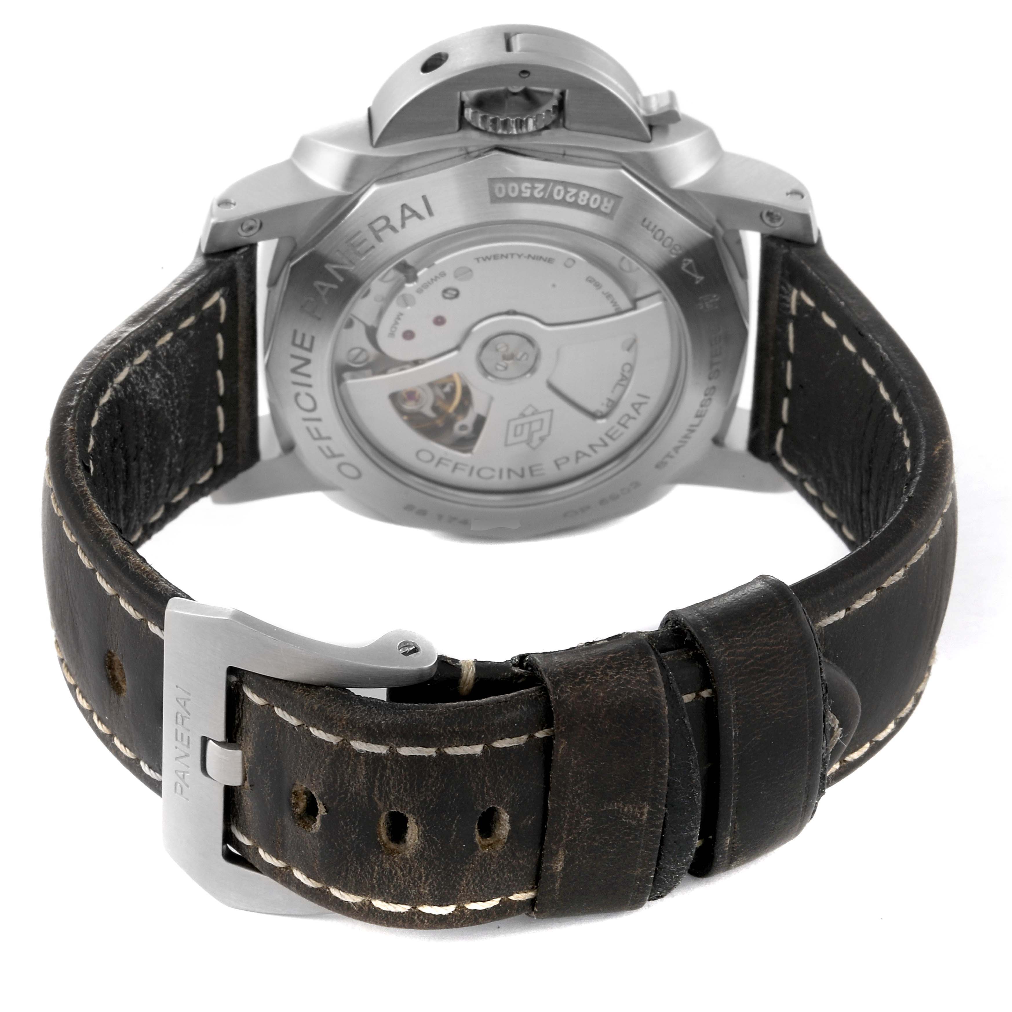 The image shows the back view of a Panerai Luminor PAM00321 Men
s Stainless Steel Black Dial PAM00321 Men
s Stainless Steel Black Dial watch, highlighting its caseback and leather strap.