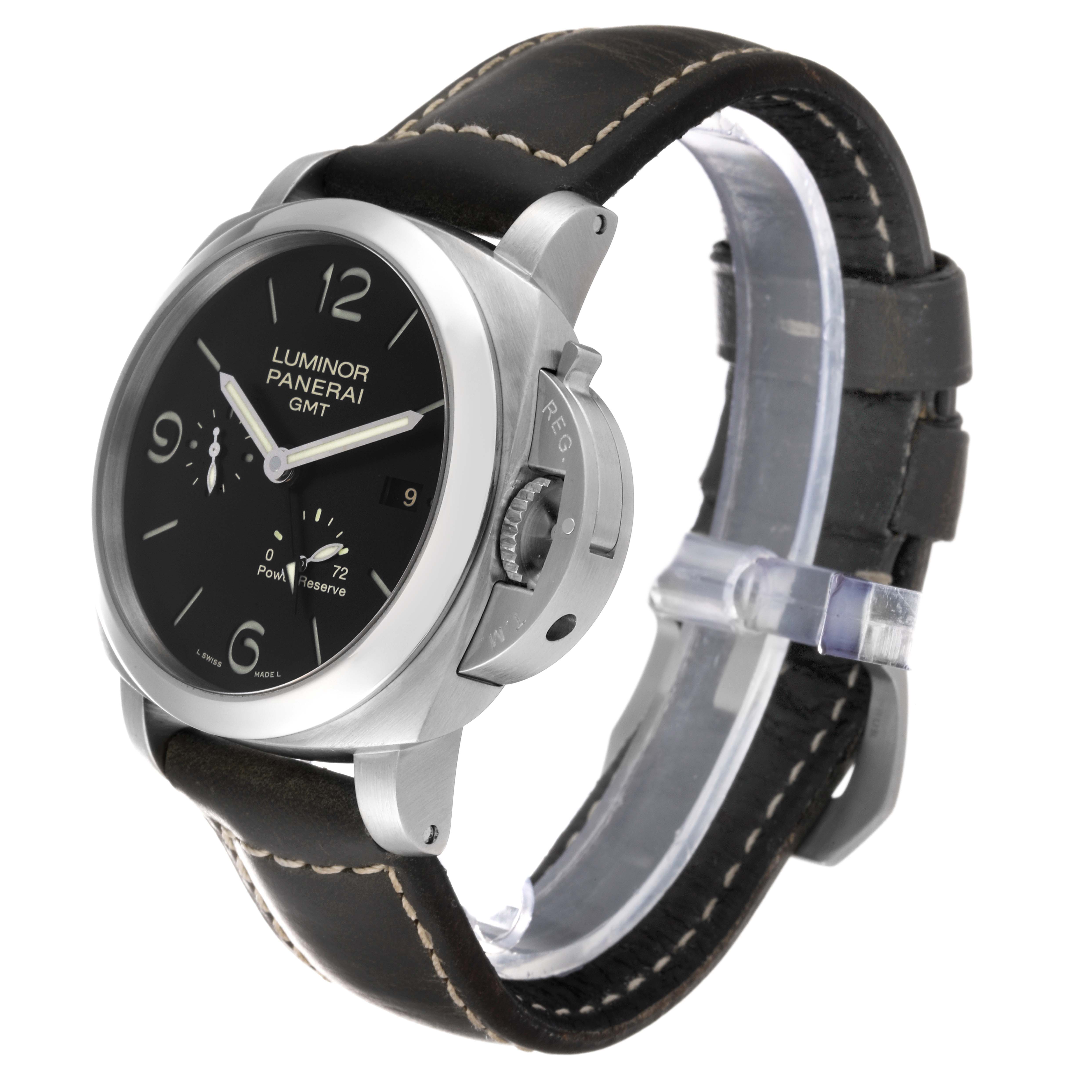 The image shows a Panerai Luminor PAM00321 Men
s Stainless Steel Black Dial PAM00321 Men
s Stainless Steel Black Dial GMT watch at a three-quarter angle, highlighting the face, crown guard, and black leather strap.