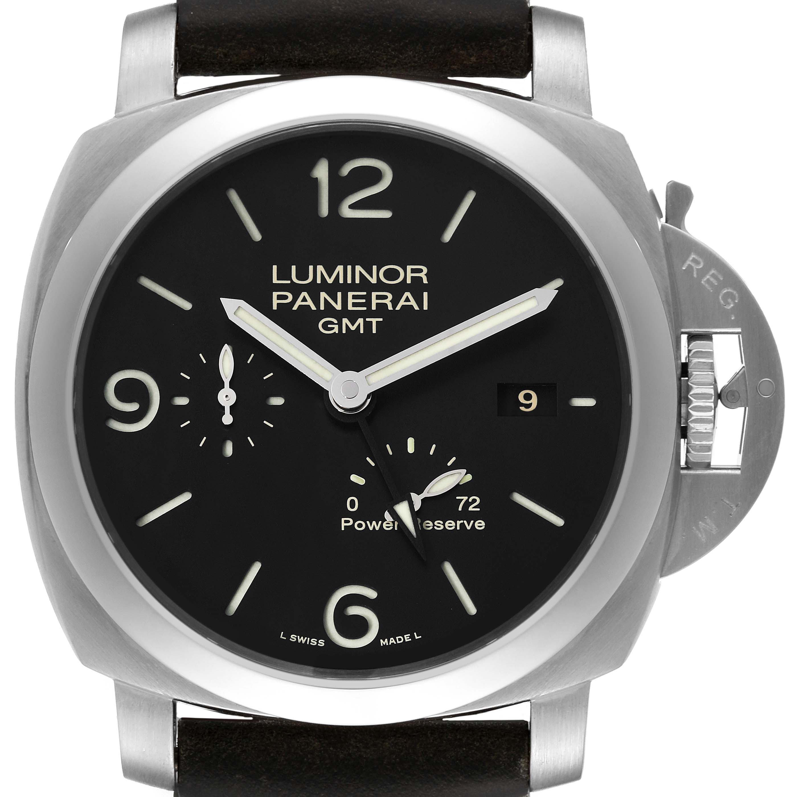 The Panerai Luminor PAM00321 Men
s Stainless Steel Black Dial PAM00321 Men
s Stainless Steel Black Dial GMT watch is shown from a front angle, highlighting its dial, hands, crown guard, and part of the strap.