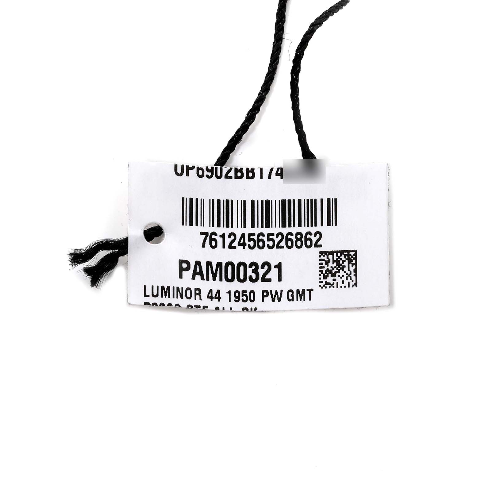 The image shows a white tag with a serial number for the Luminor 44 1950 Panerai watch (model PAM00321) featuring black string.