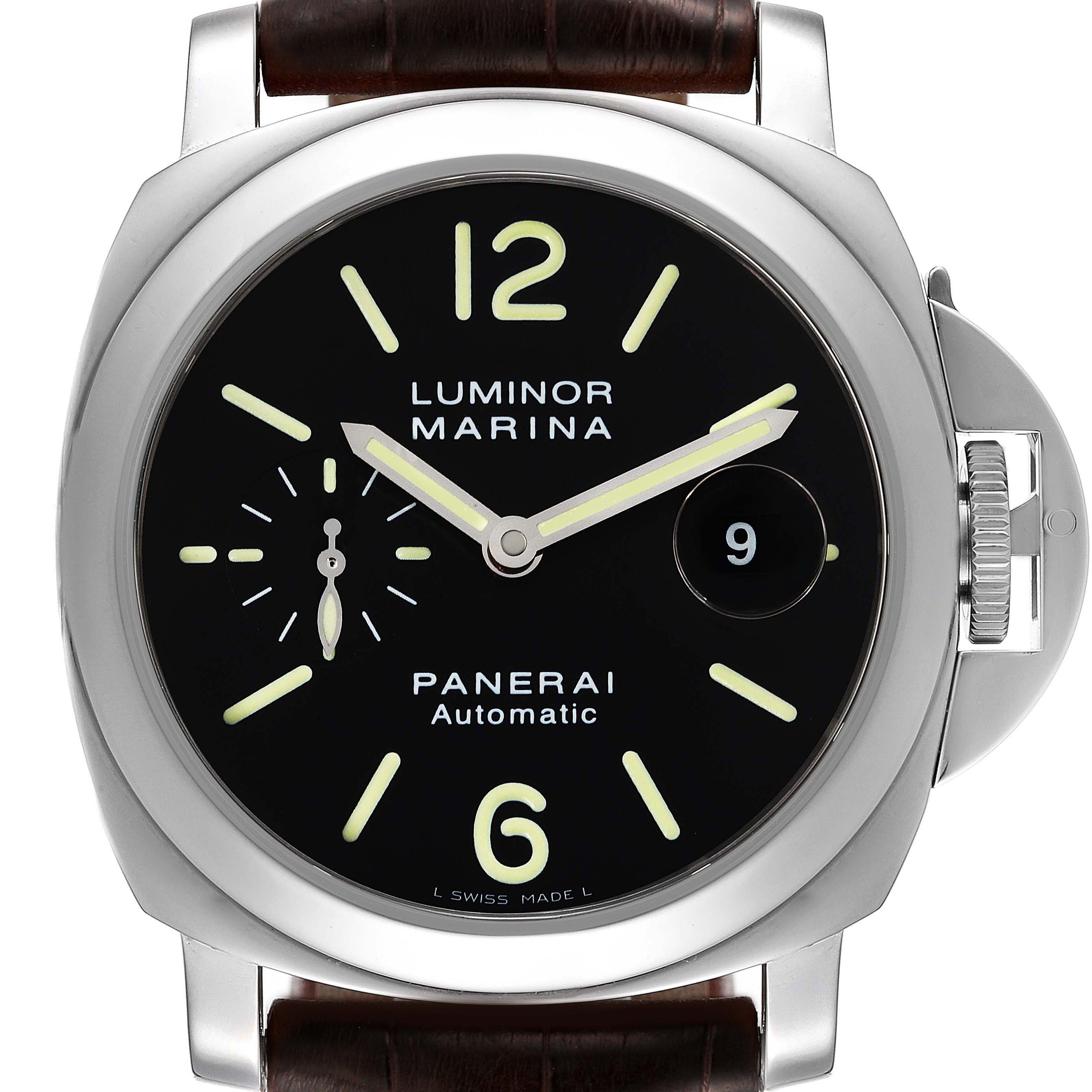 This image shows a front view of a Panerai Luminor PAM00104 Men
s Stainless Steel Black Dial PAM00104 Men
s Stainless Steel Black Dial Marina watch, highlighting the dial, case, and crown guard.