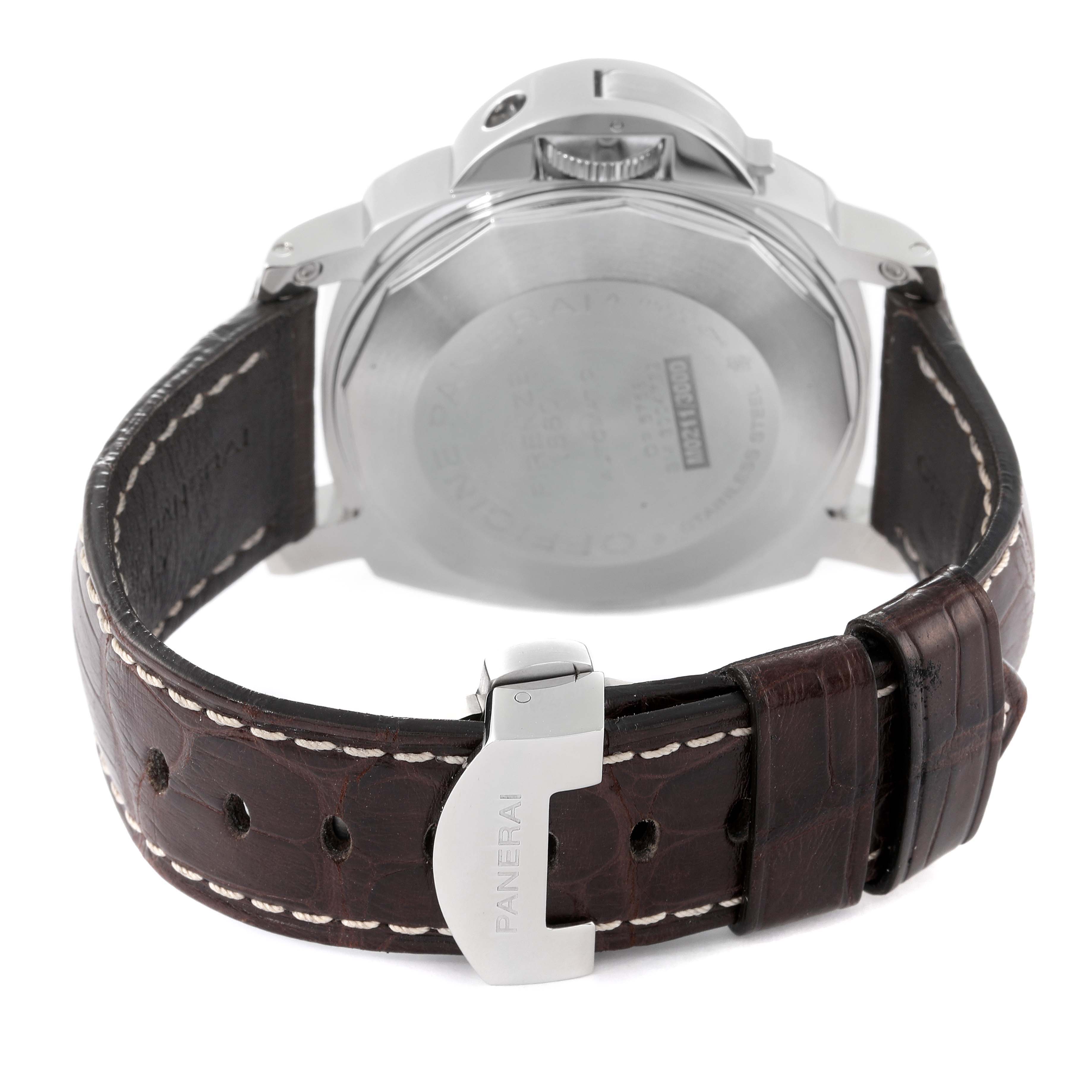 The image shows the back of a Panerai Luminor PAM00104 Men
s Stainless Steel Black Dial PAM00104 Men
s Stainless Steel Black Dial watch, highlighting the case back, crown guard, and leather strap with "Panerai" engraved clasp.