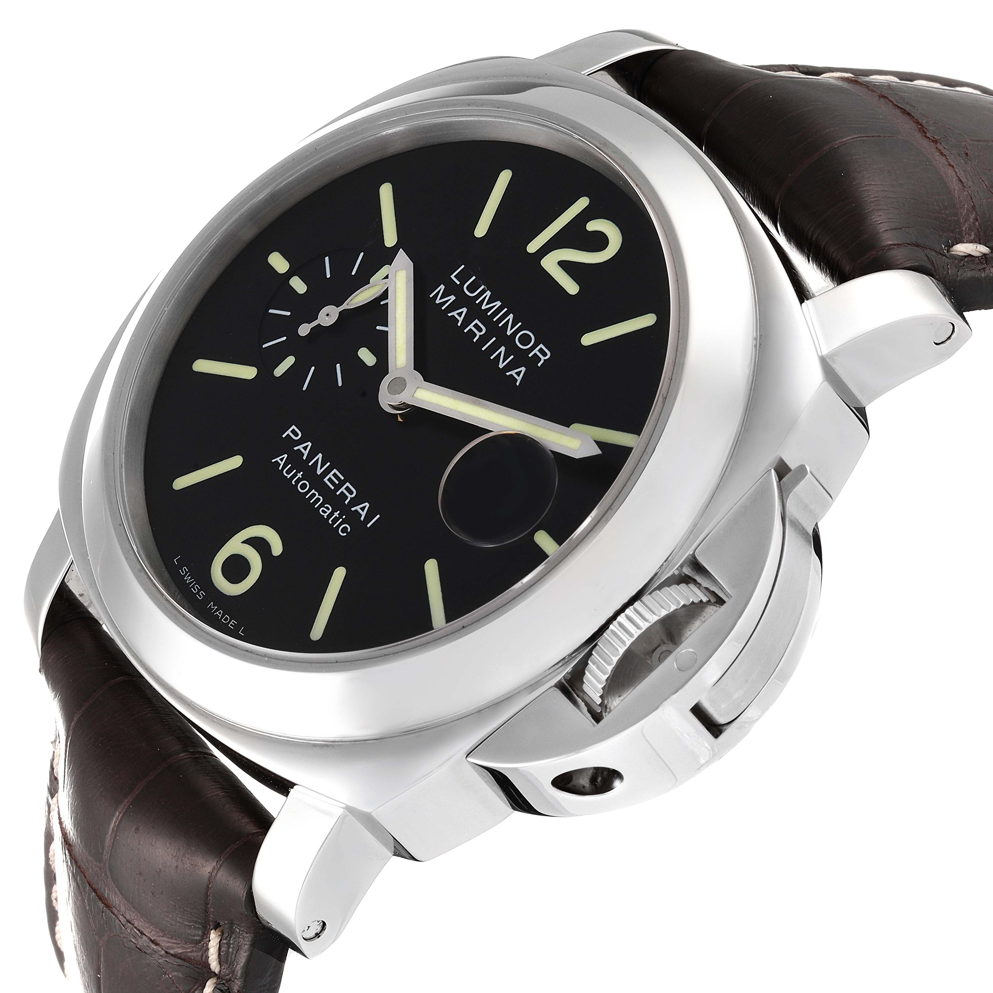 This image shows a Panerai Luminor PAM00104 Men
s Stainless Steel Black Dial PAM00104 Men
s Stainless Steel Black Dial Marina watch from a side angle, highlighting the dial, case, crown guard, and leather strap.