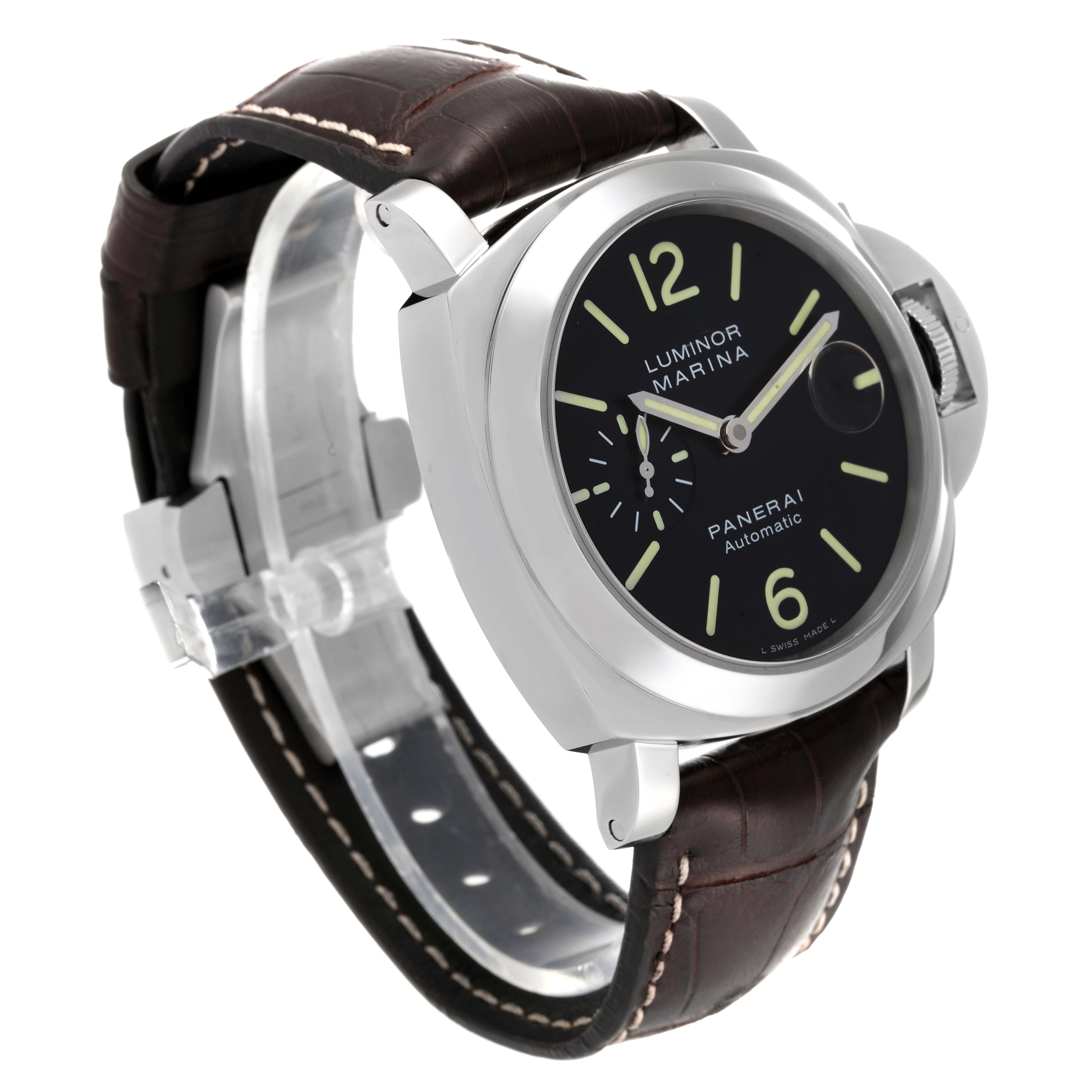 The image shows a Panerai Luminor PAM00104 Men
s Stainless Steel Black Dial PAM00104 Men
s Stainless Steel Black Dial watch at a three-quarter angle, highlighting the dial, case, and leather strap.