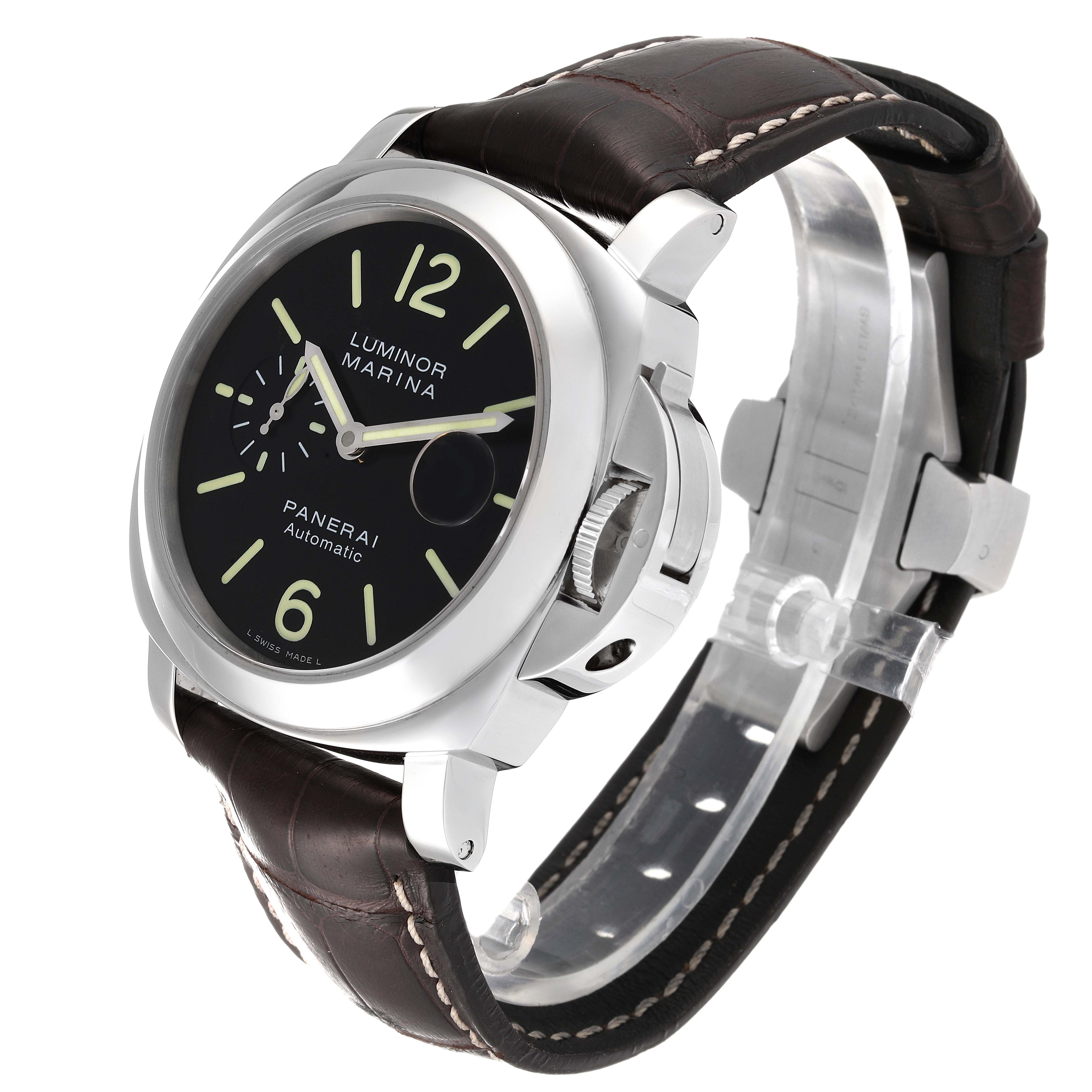 The image shows a Panerai Luminor PAM00104 Men
s Stainless Steel Black Dial PAM00104 Men
s Stainless Steel Black Dial model watch at an angled view, highlighting its dial, case, crown guard, and leather strap.