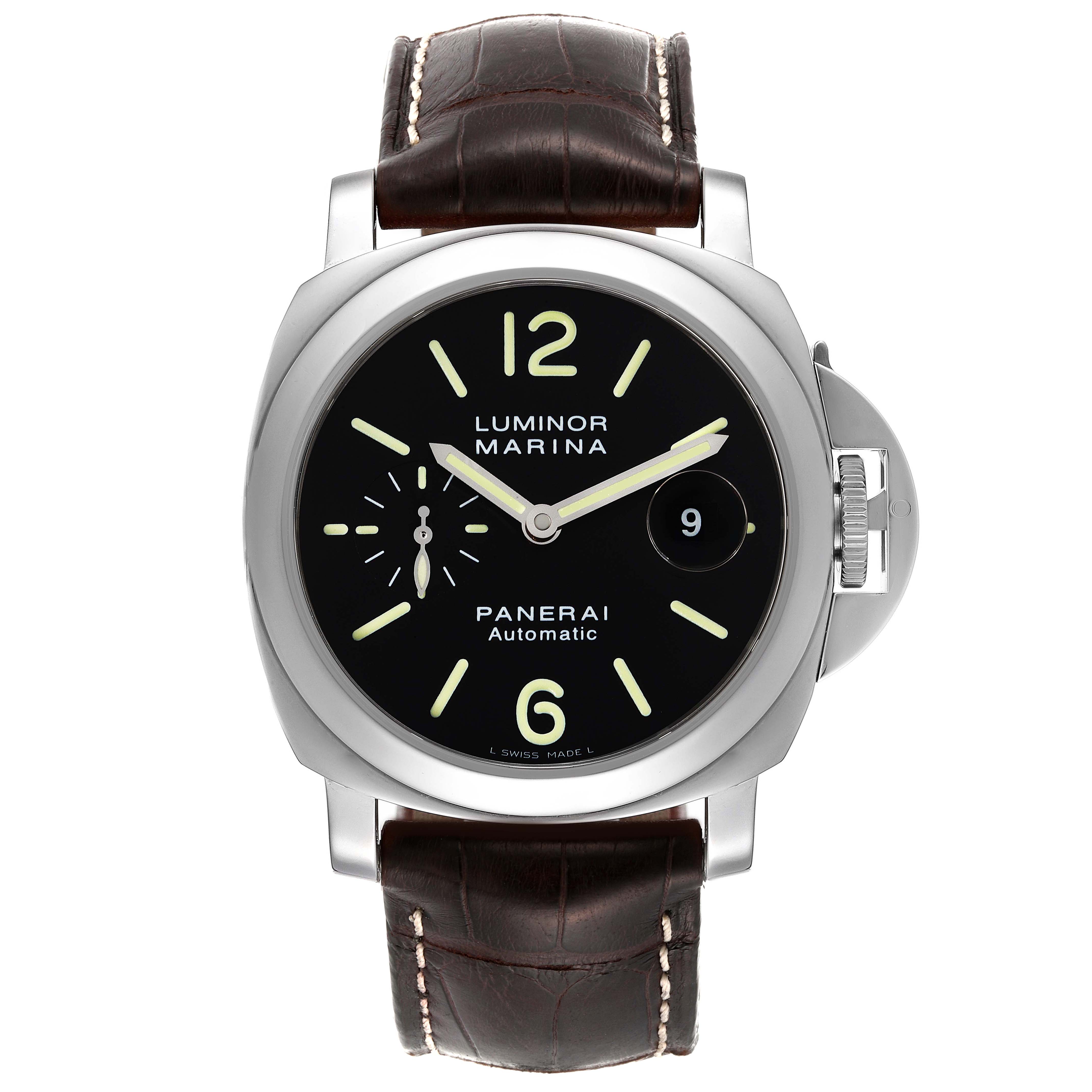 The image shows a front view of a Panerai Luminor PAM00104 Men
s Stainless Steel Black Dial PAM00104 Men
s Stainless Steel Black Dial Marina watch, highlighting its black dial, luminous markers, date display, and leather strap.