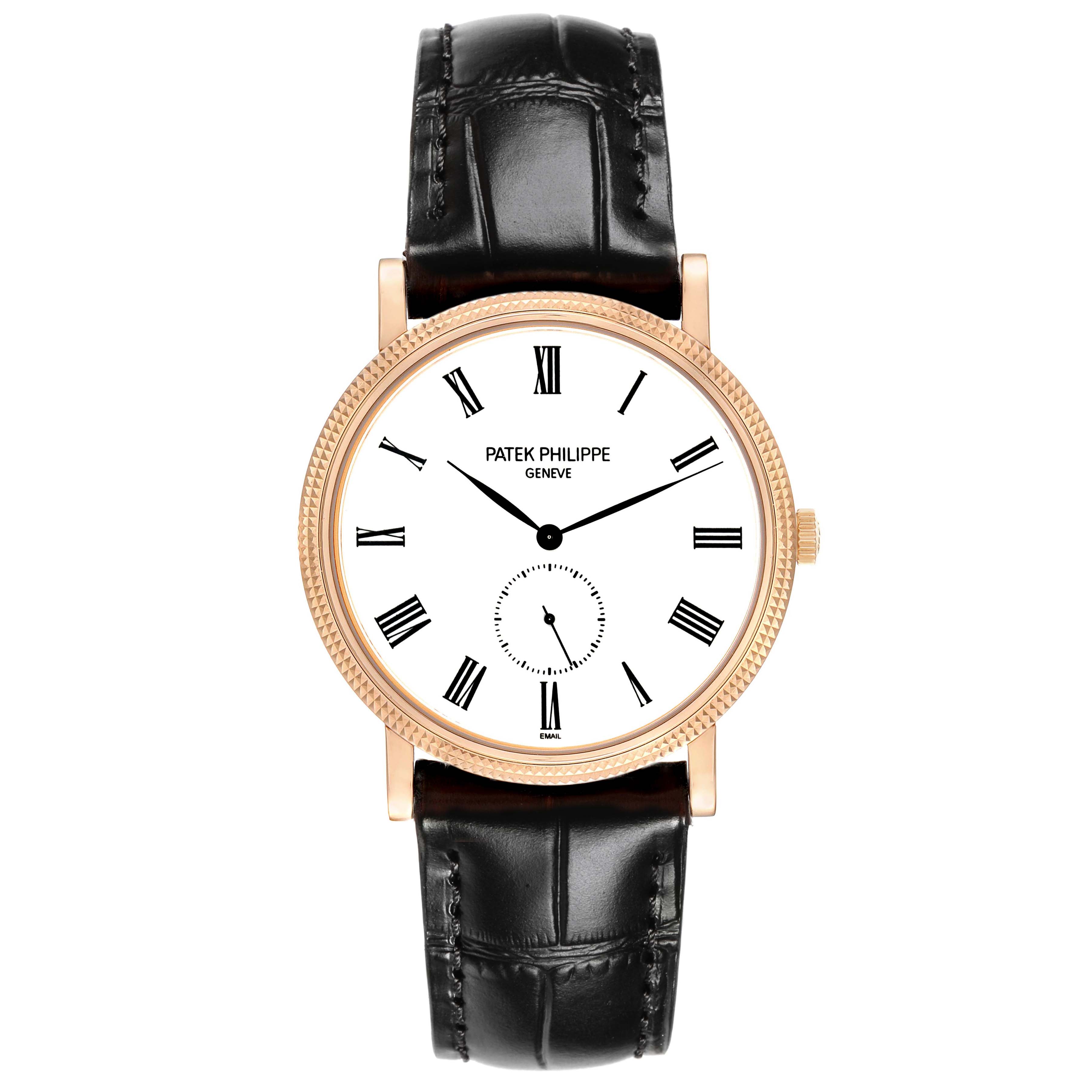 The Patek Philippe Calatrava 5116R Men's Rose Gold White Dial watch is shown from a front view, highlighting its white dial, black leather strap, and gold bezel.