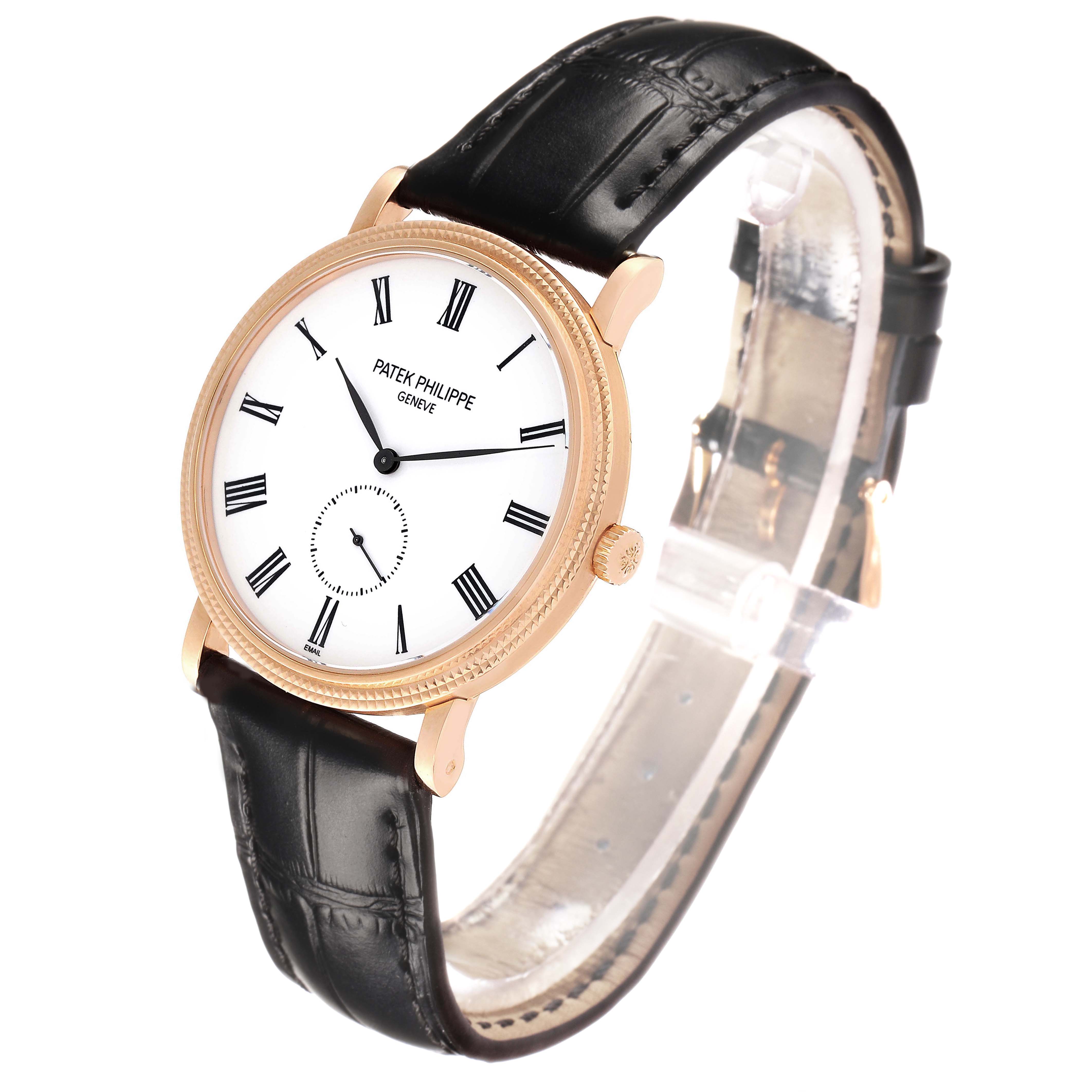 The Patek Philippe Calatrava 5116R Men's Rose Gold White Dial watch is shown at a three-quarter angle, displaying the face, crown, and leather strap.