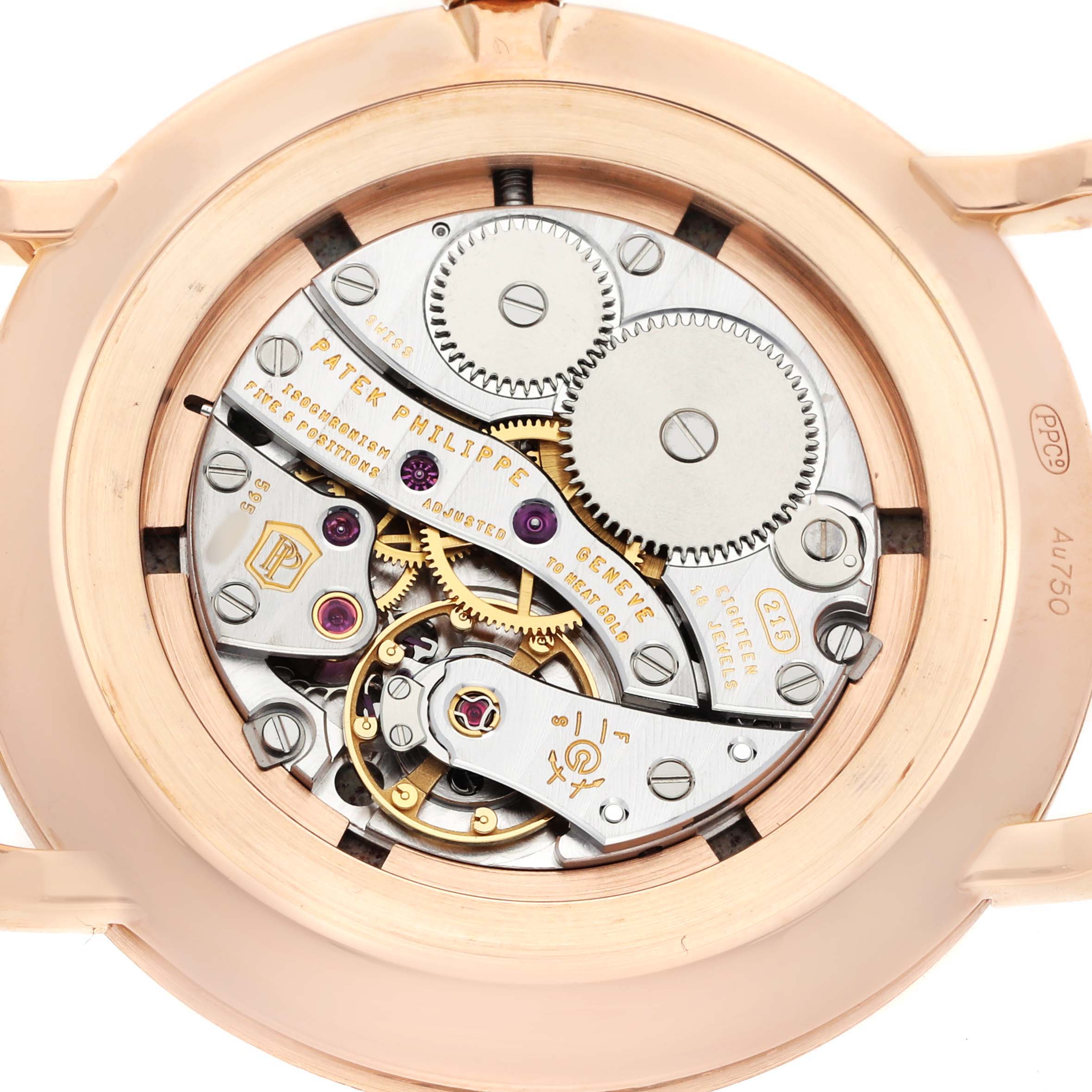 The image shows the back view of a Patek Philippe Calatrava 5116R Men's Rose Gold White Dial, highlighting its intricate mechanical movement.