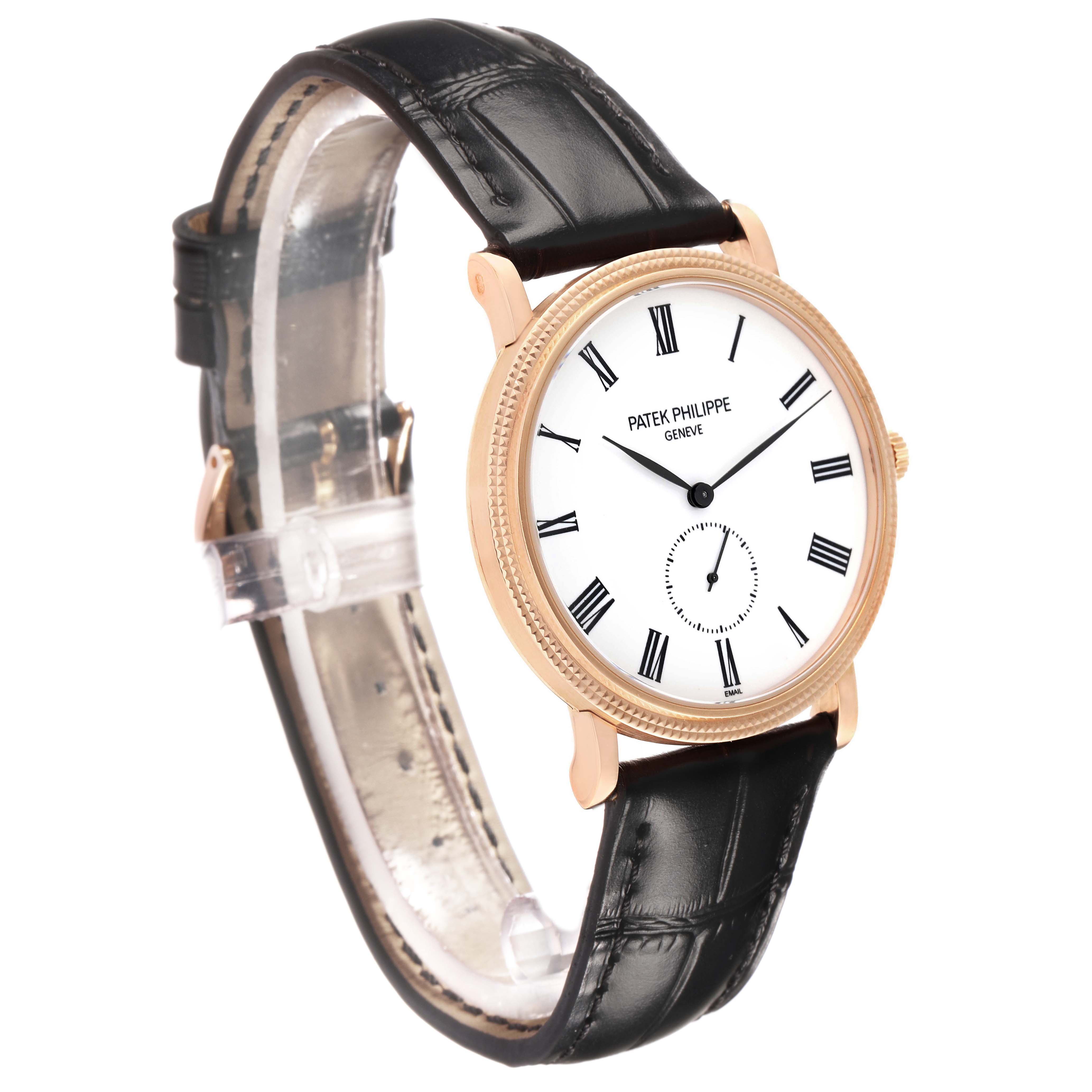 The Patek Philippe Calatrava 5116R Men's Rose Gold White Dial is shown at a slight angle, highlighting the watch face, bezel, and leather strap.