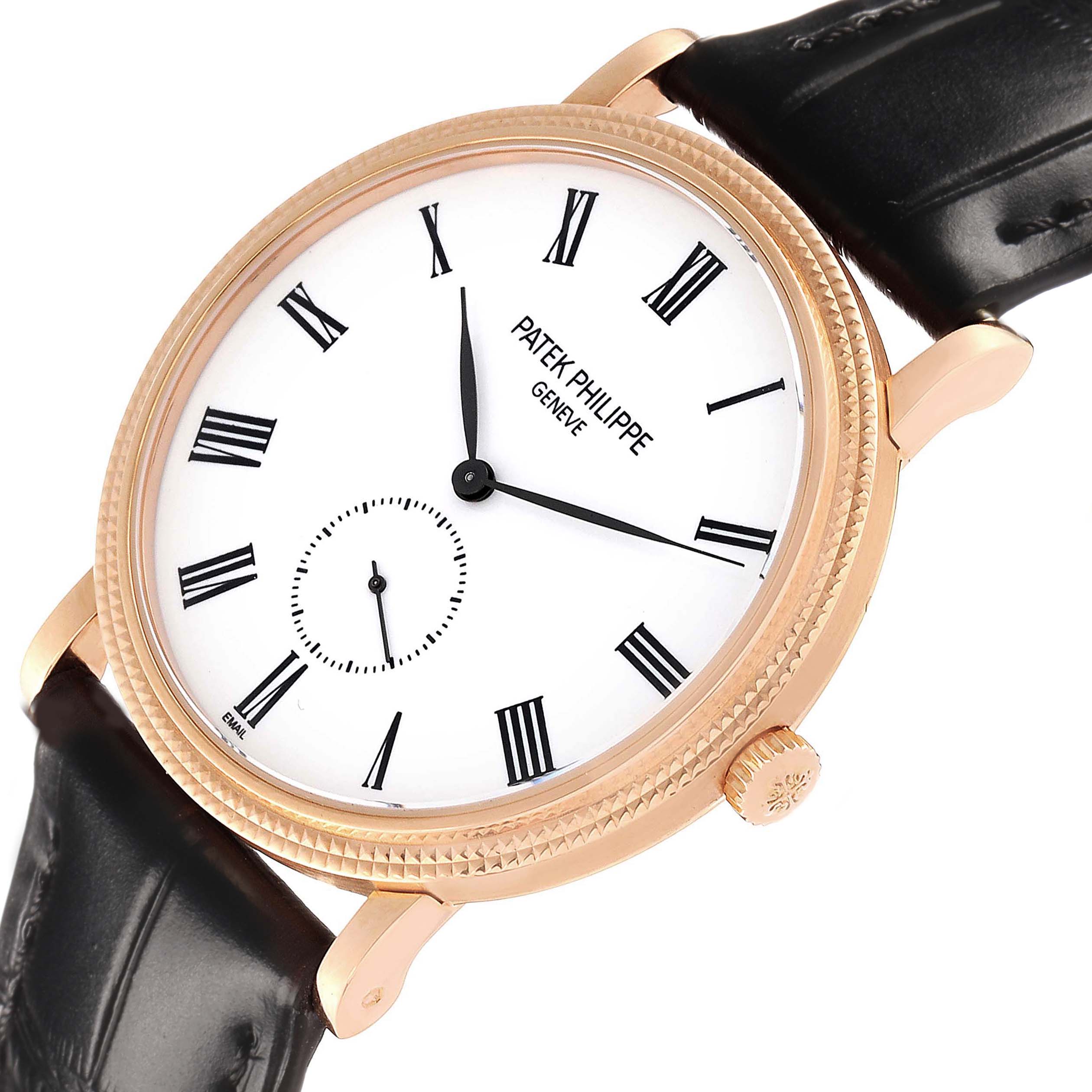 The Patek Philippe Calatrava 5116R Men's Rose Gold White Dial watch is shown at a slight angle, highlighting the dial, bezel, case, and leather strap.