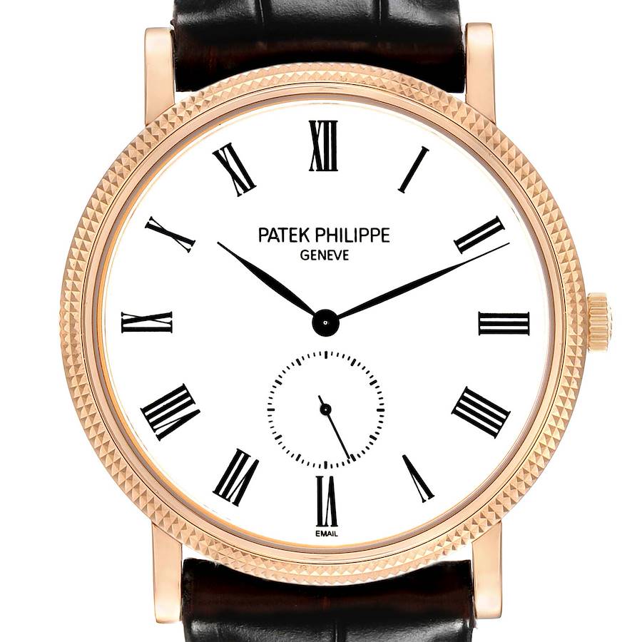 The Patek Philippe Calatrava 5116R Men's Rose Gold White Dial watch is shown from the front, displaying its dial, hands, Roman numerals, and crown.