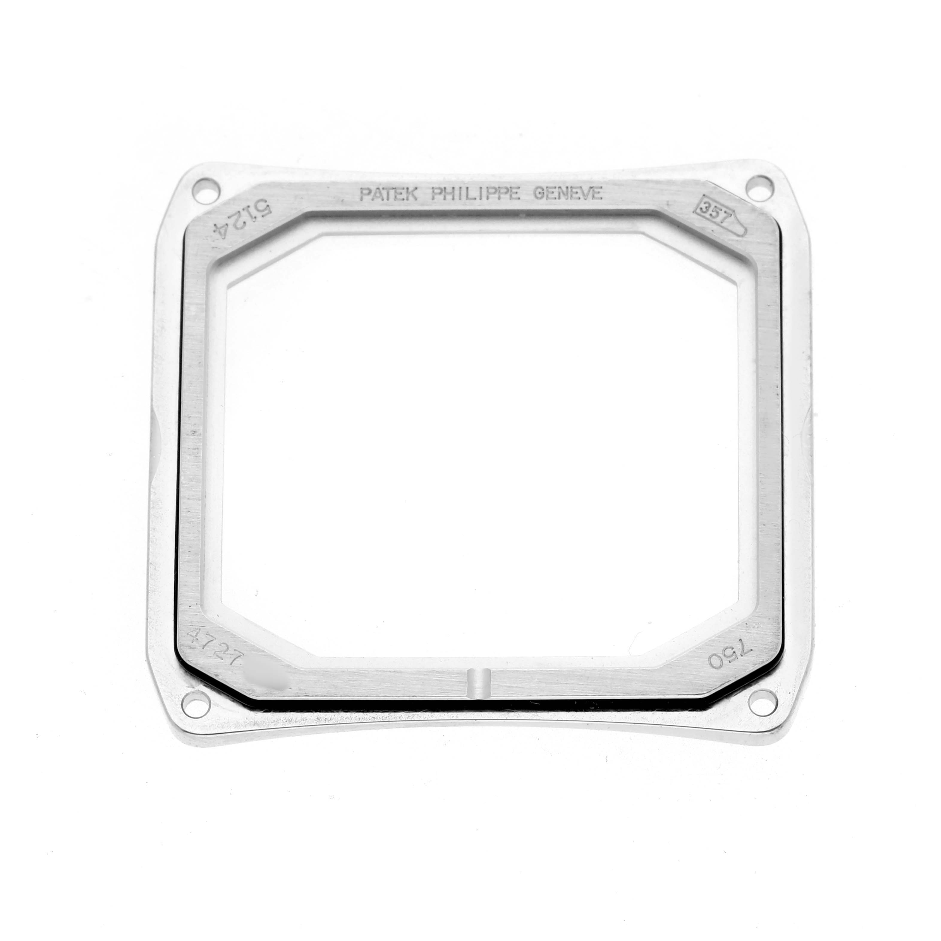 The image shows a frontal view of the rectangular metal bezel for a Patek Philippe Gondolo 5124G Men's White Gold Brown Dial watch.