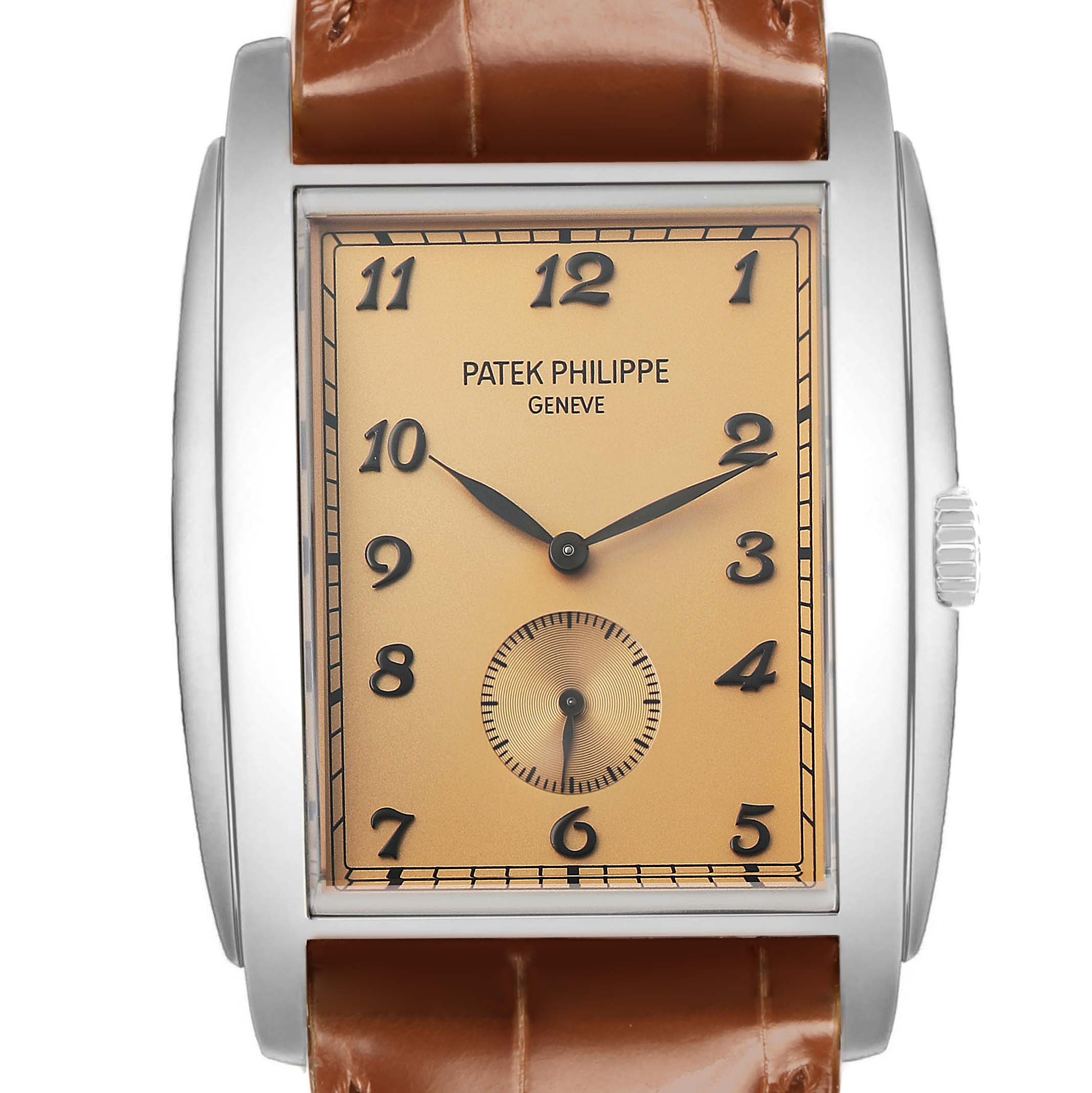 The Patek Philippe Gondolo 5124G Men's White Gold Brown Dial watch is shown from a front angle, highlighting the dial, case, and brown leather strap.