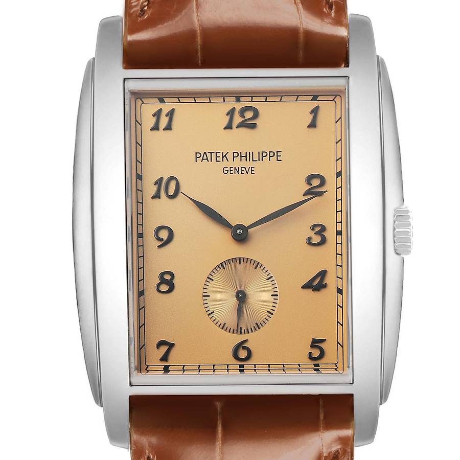 The Patek Philippe Gondolo 5124G Men's White Gold Brown Dial watch is shown from a front angle, highlighting the dial, case, and brown leather strap.
