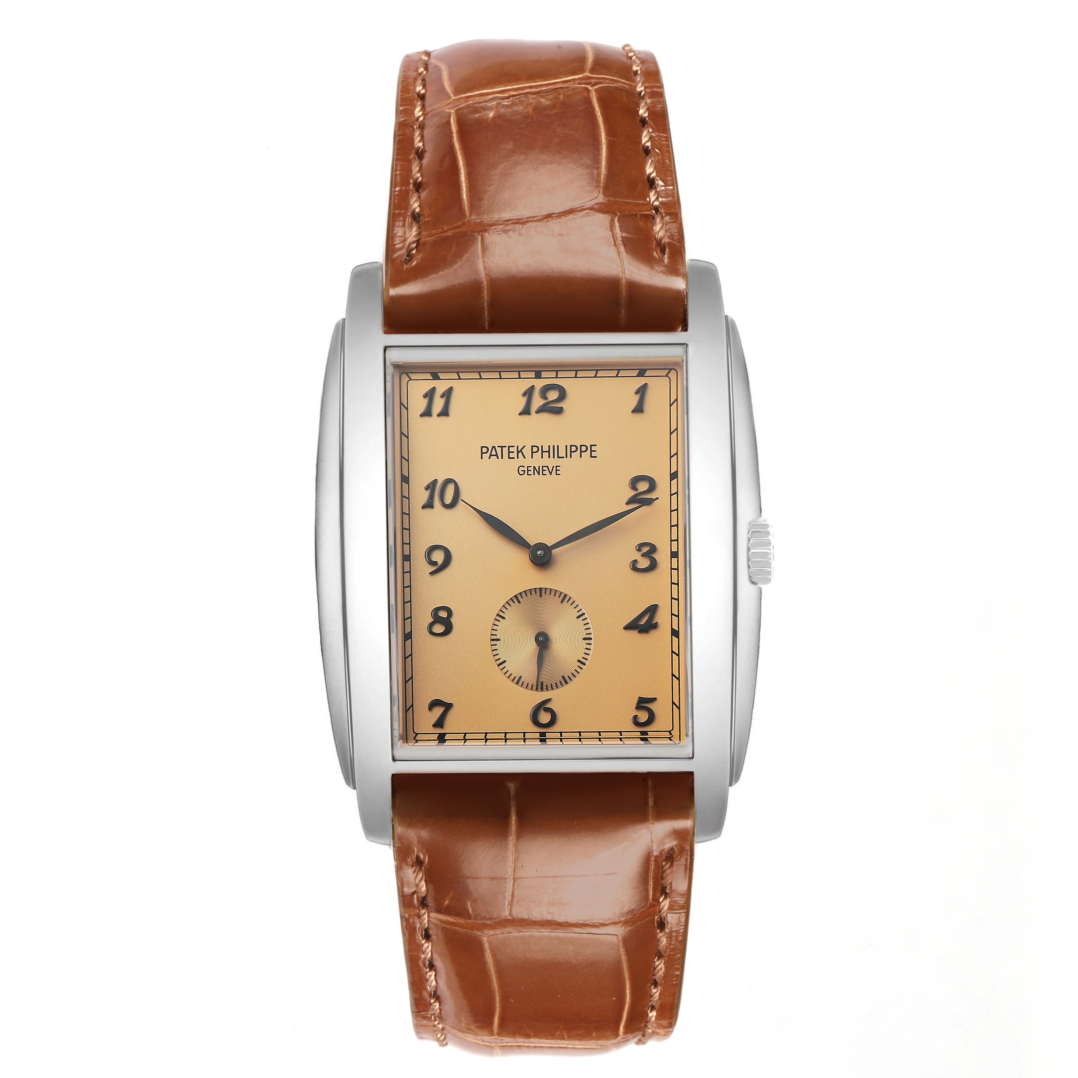 The image shows a Patek Philippe Gondolo 5124G Men's White Gold Brown Dial watch from the front, highlighting the dial, hands, case, crown, and leather strap.