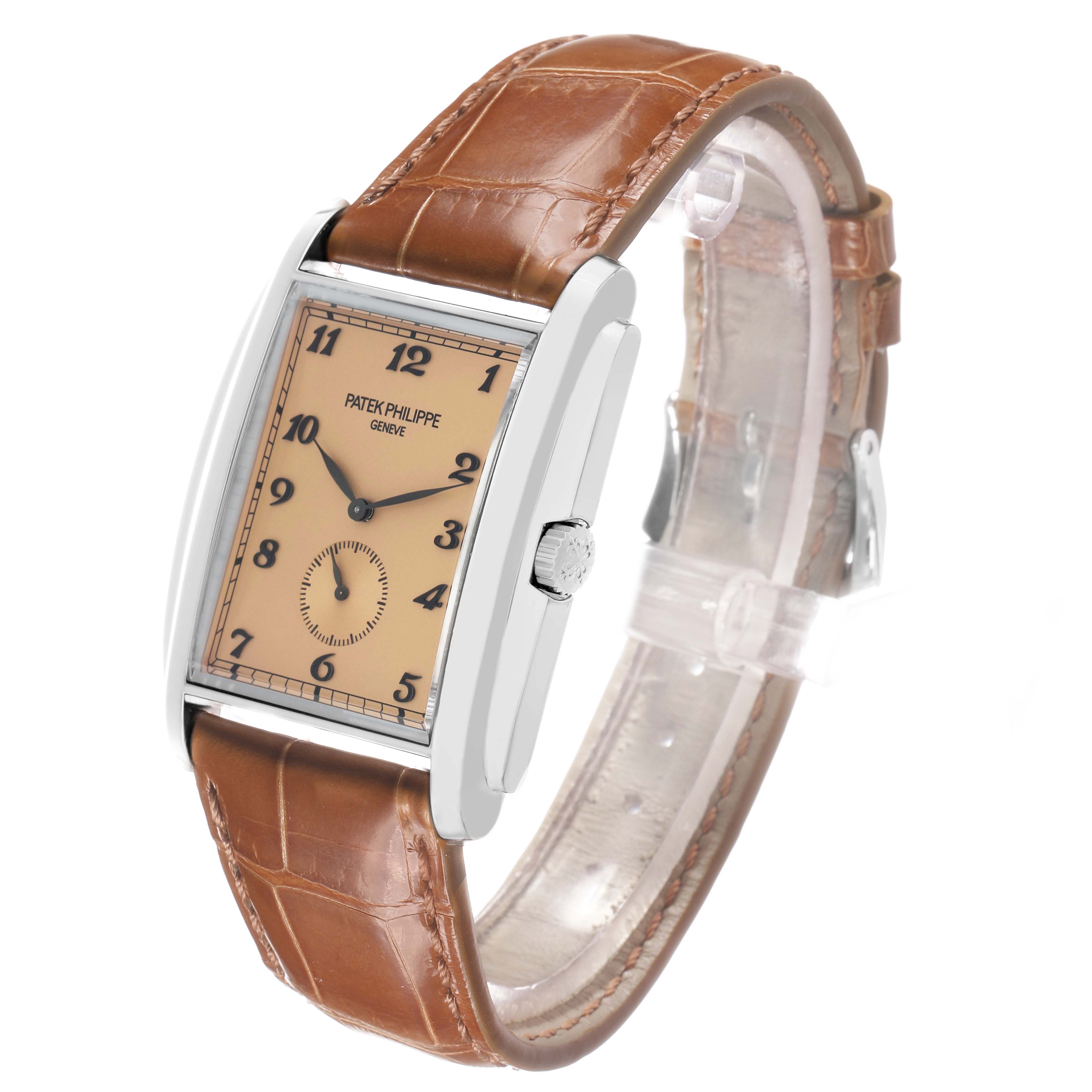 The Patek Philippe Gondolo 5124G Men's White Gold Brown Dial watch is shown at a three-quarter angle, displaying the dial, side crown, and leather strap.