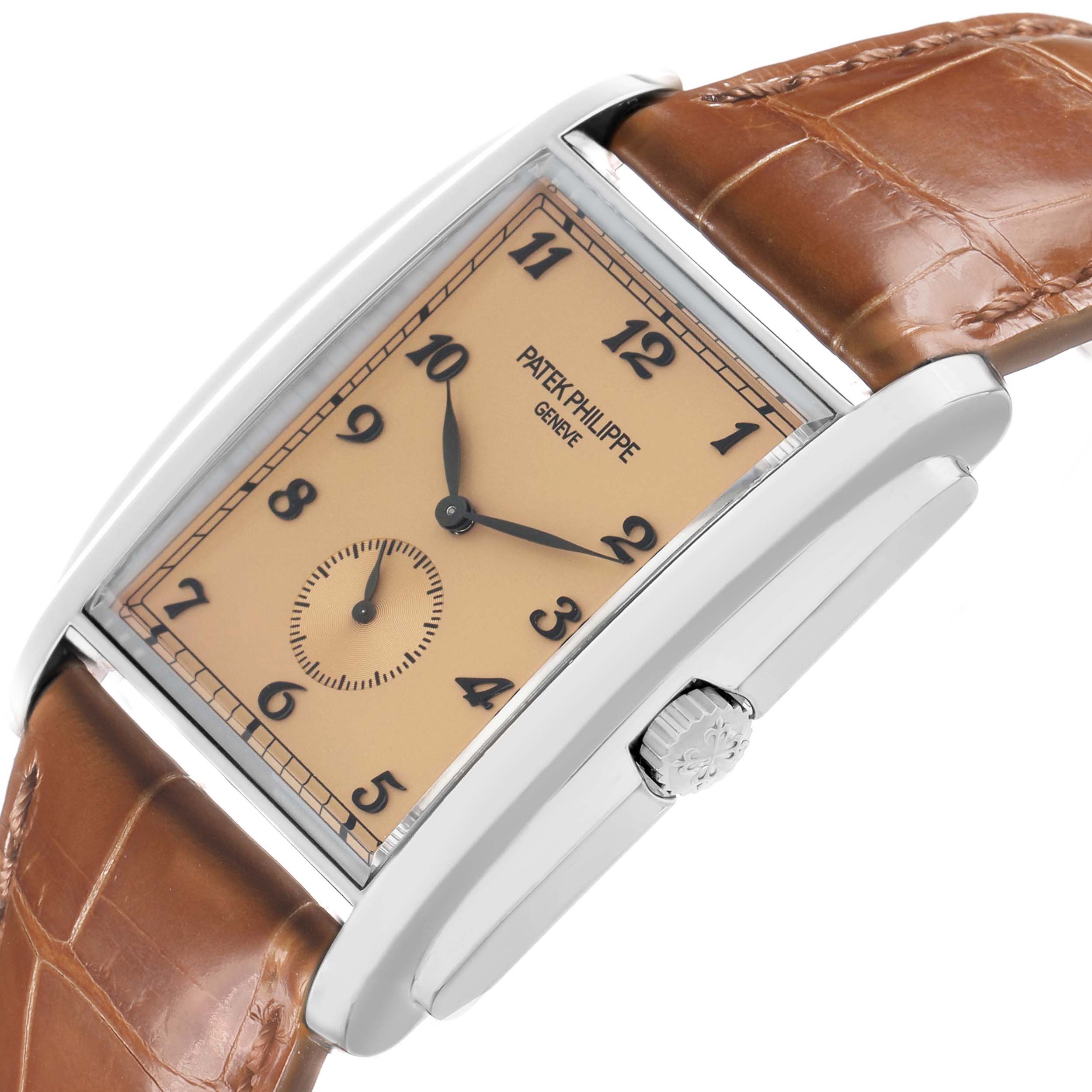 The Patek Philippe Gondolo 5124G Men's White Gold Brown Dial watch is shown at an angle emphasizing the dial, case, crown, and part of the leather strap.