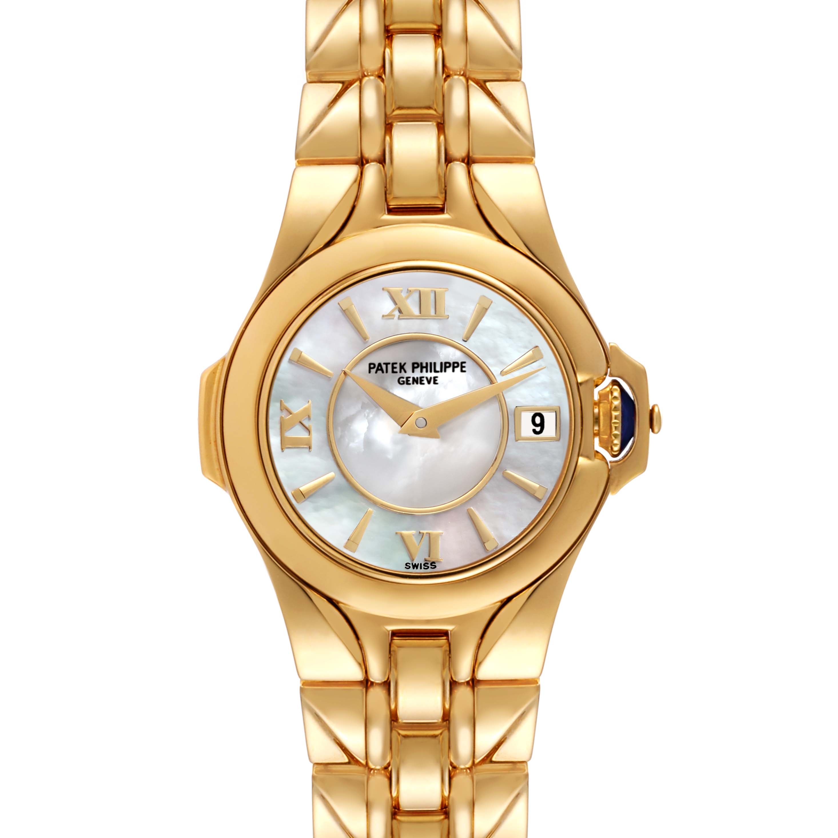 The image shows a Patek Philippe Sculpture 4891/1 Women's Yellow Gold Mother of Pearl Dial 4891/1 Women's Yellow Gold Mother of Pearl Dial model watch, photographed from the front, displaying the dial, bracelet, and crown.