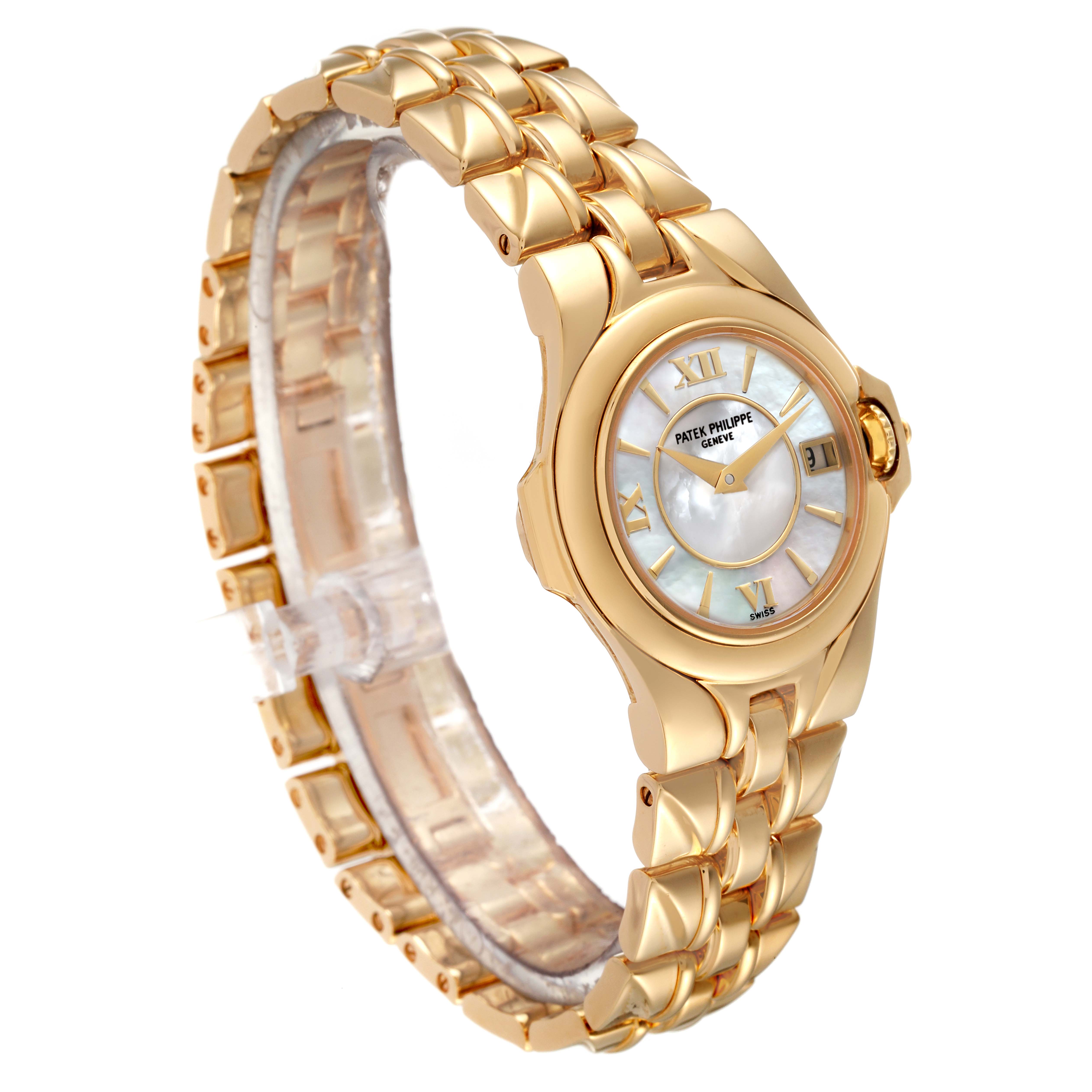 The image shows a side angle view of the Patek Philippe Sculpture 4891/1 Women's Yellow Gold Mother of Pearl Dial 4891/1 Women's Yellow Gold Mother of Pearl Dial model watch, highlighting its gold bracelet, case, and round dial.