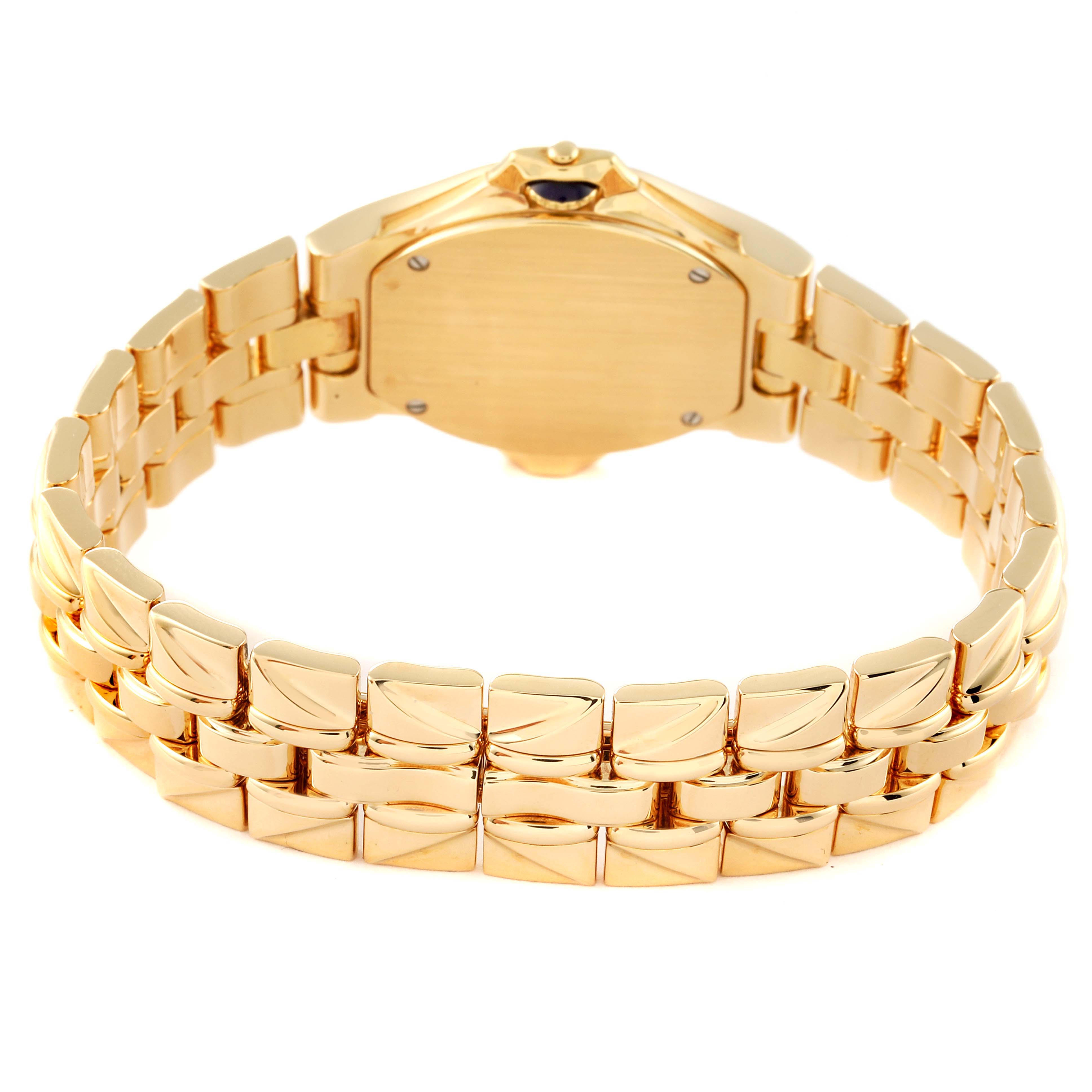 The image shows the back of the Patek Philippe Sculpture 4891/1 Women's Yellow Gold Mother of Pearl Dial 4891/1 Women's Yellow Gold Mother of Pearl Dial model watch, featuring its gold bracelet and case back.