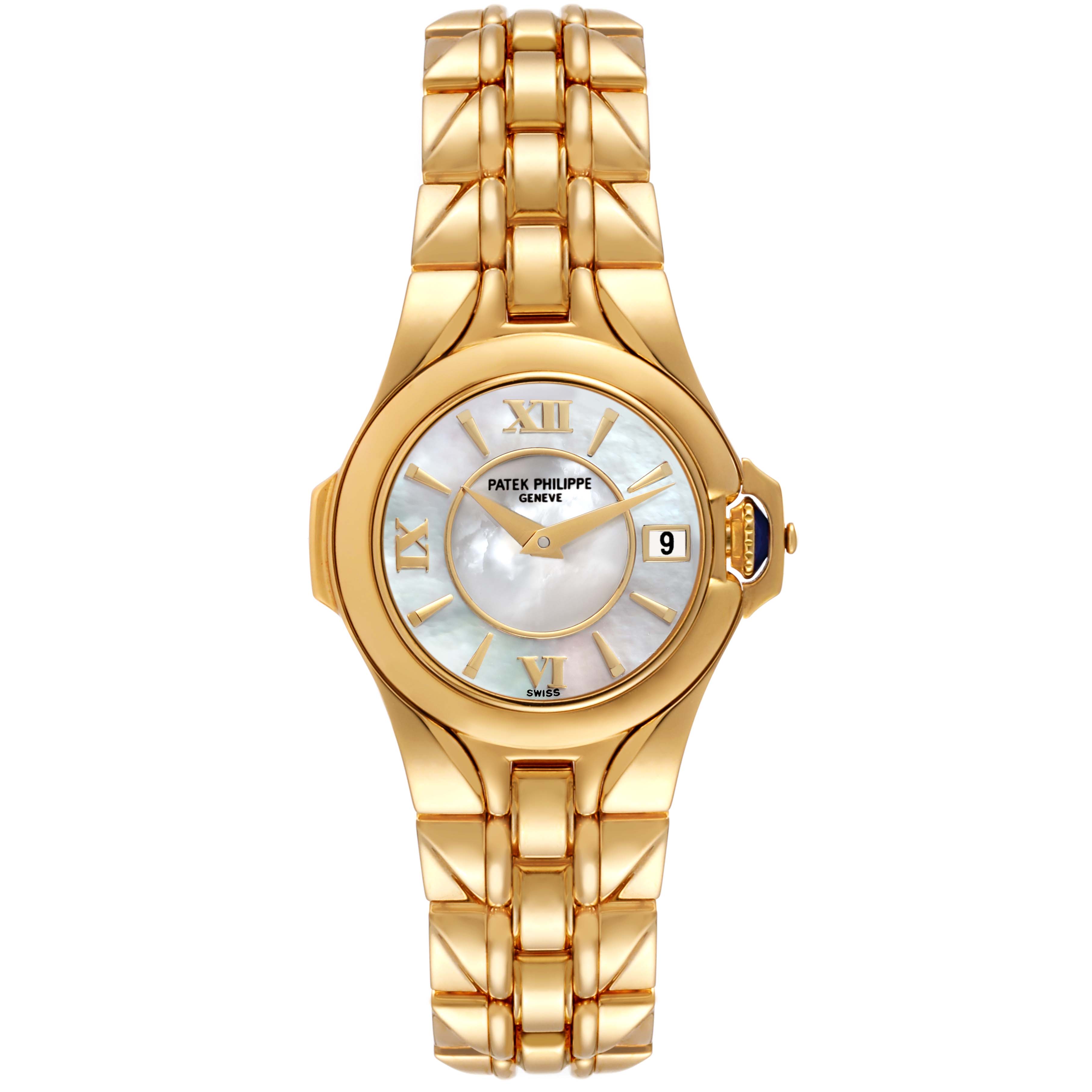 The image shows a straight-on view of a gold Patek Philippe Sculpture 4891/1 Women's Yellow Gold Mother of Pearl Dial 4891/1 Women's Yellow Gold Mother of Pearl Dial model watch, highlighting its face, bezel, and bracelet.