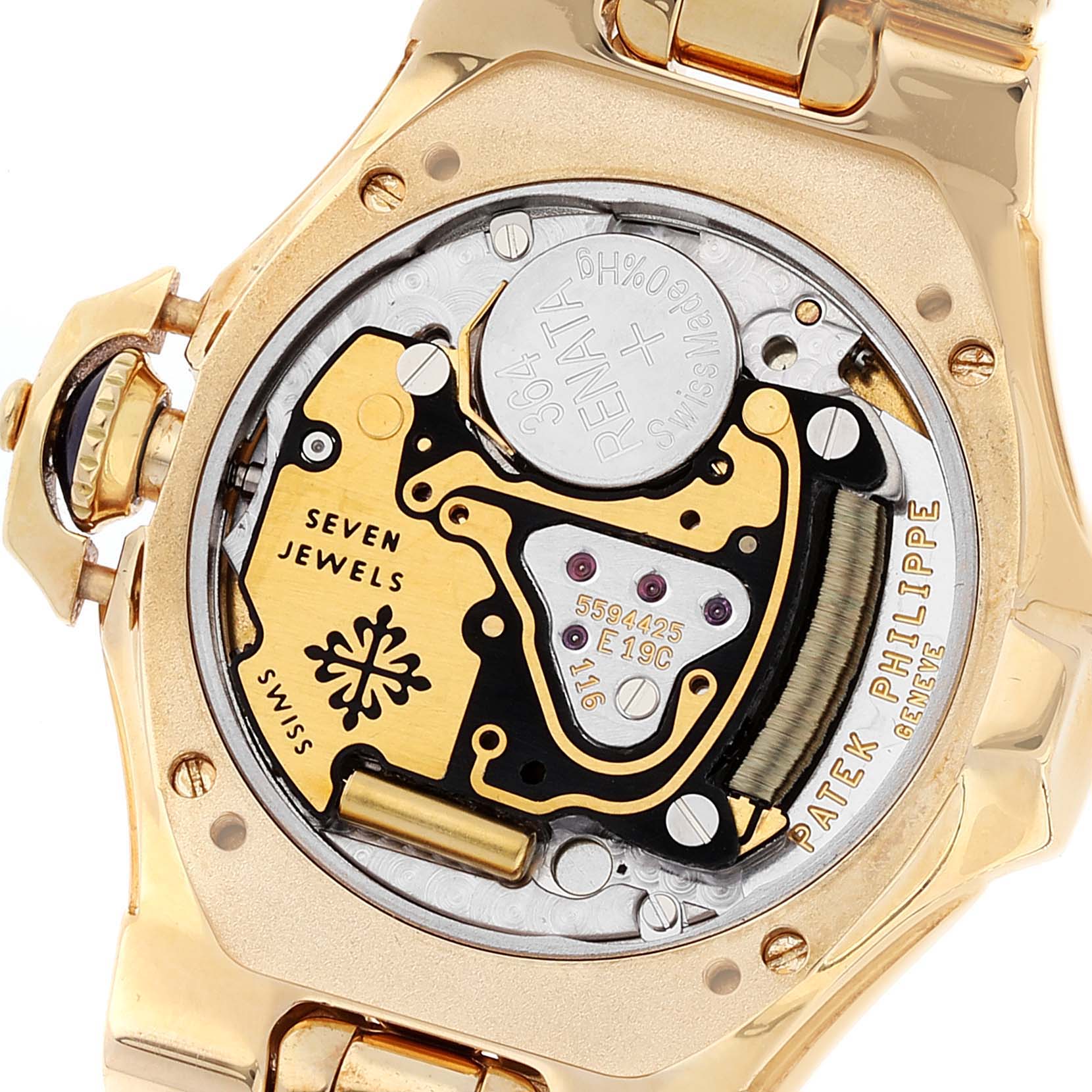 This image displays the back view of the Patek Philippe Sculpture 4891/1 Women's Yellow Gold Mother of Pearl Dial 4891/1 Women's Yellow Gold Mother of Pearl Dial model, showing its intricate internal mechanics.