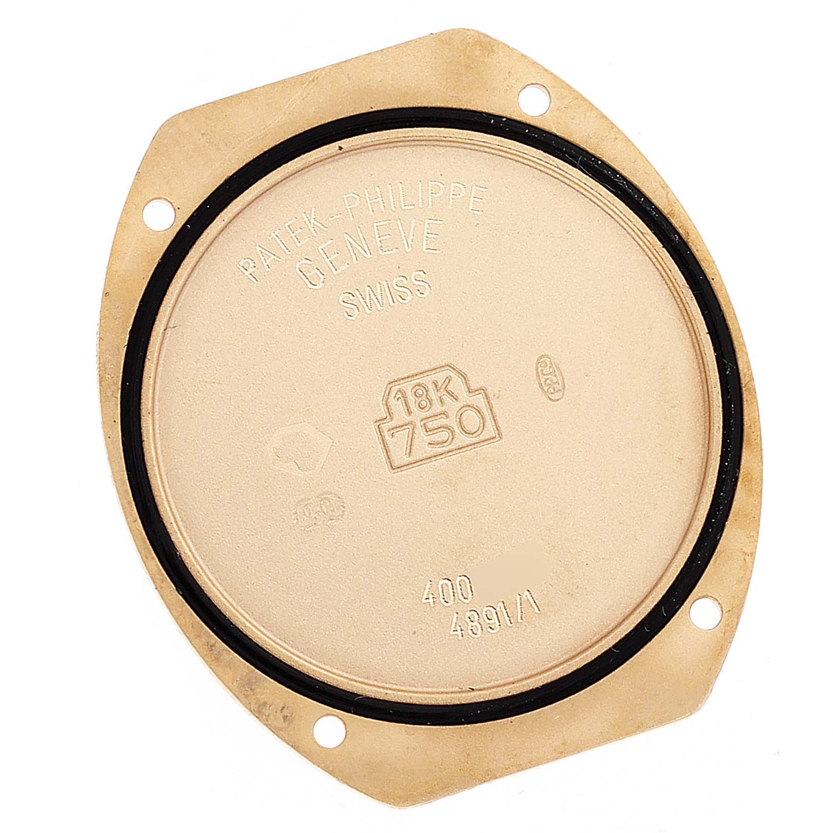 The image shows the back cover of the Patek Philippe Sculpture 4891/1 Women's Yellow Gold Mother of Pearl Dial 4891/1 Women's Yellow Gold Mother of Pearl Dial model watch, displaying the brand name, gold purity, and serial number.