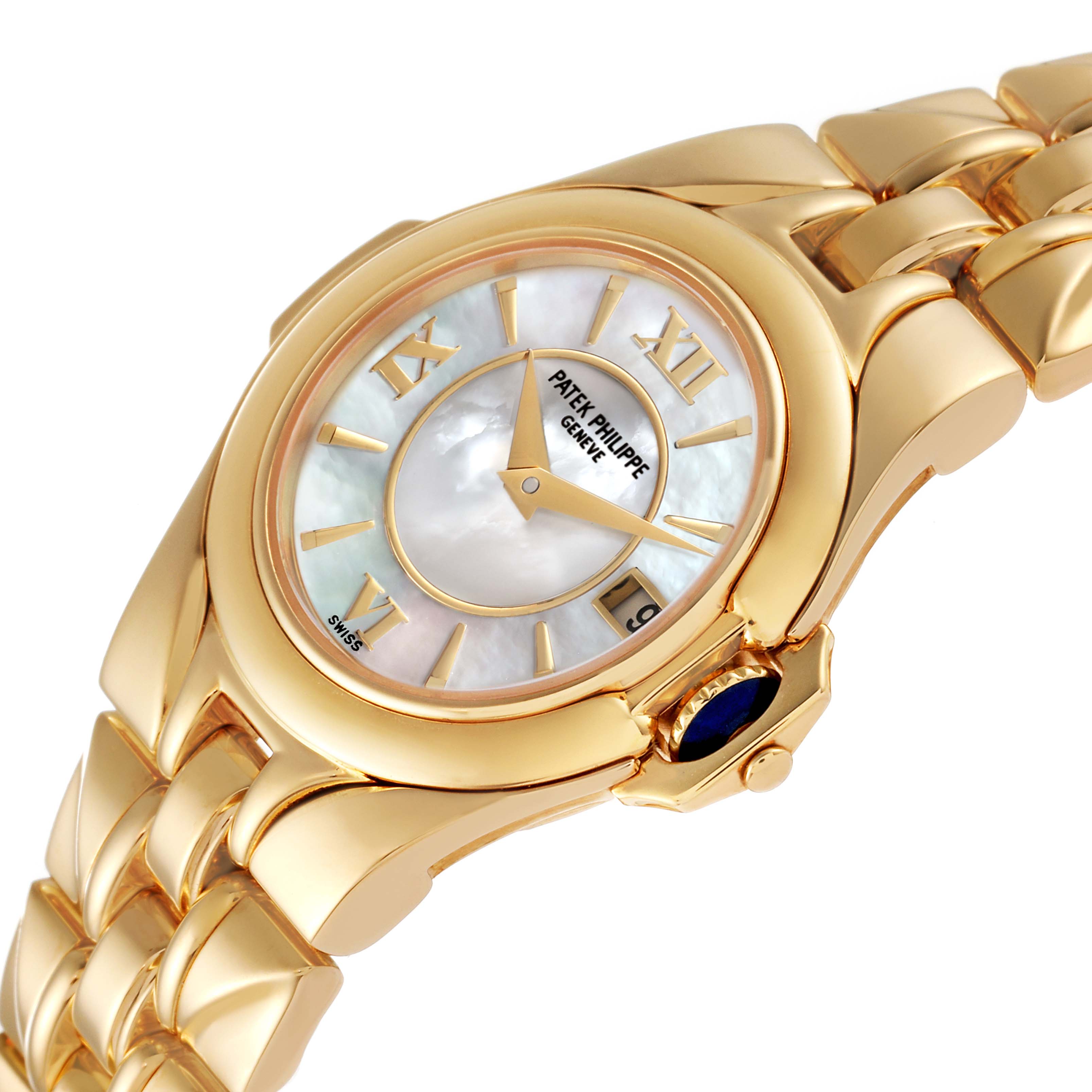The image shows a close-up, angled view of the Patek Philippe Sculpture 4891/1 Women's Yellow Gold Mother of Pearl Dial 4891/1 Women's Yellow Gold Mother of Pearl Dial model watch, highlighting the face, strap, and crown.