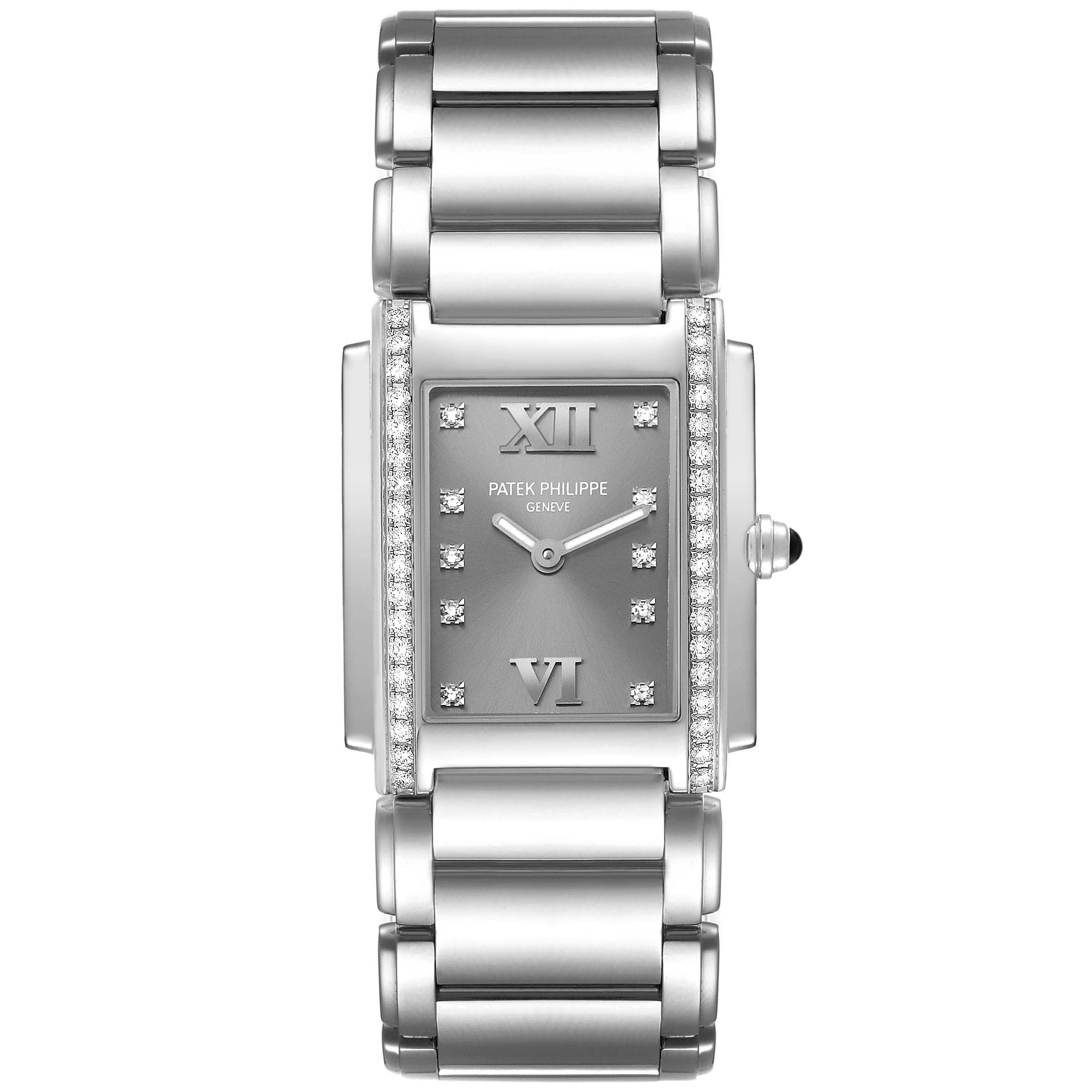 The Patek Philippe Twenty-4 4910A Women's Stainless Steel Silver Dial watch is shown from a top view, displaying the face, bracelet, and bezel with diamond accents.