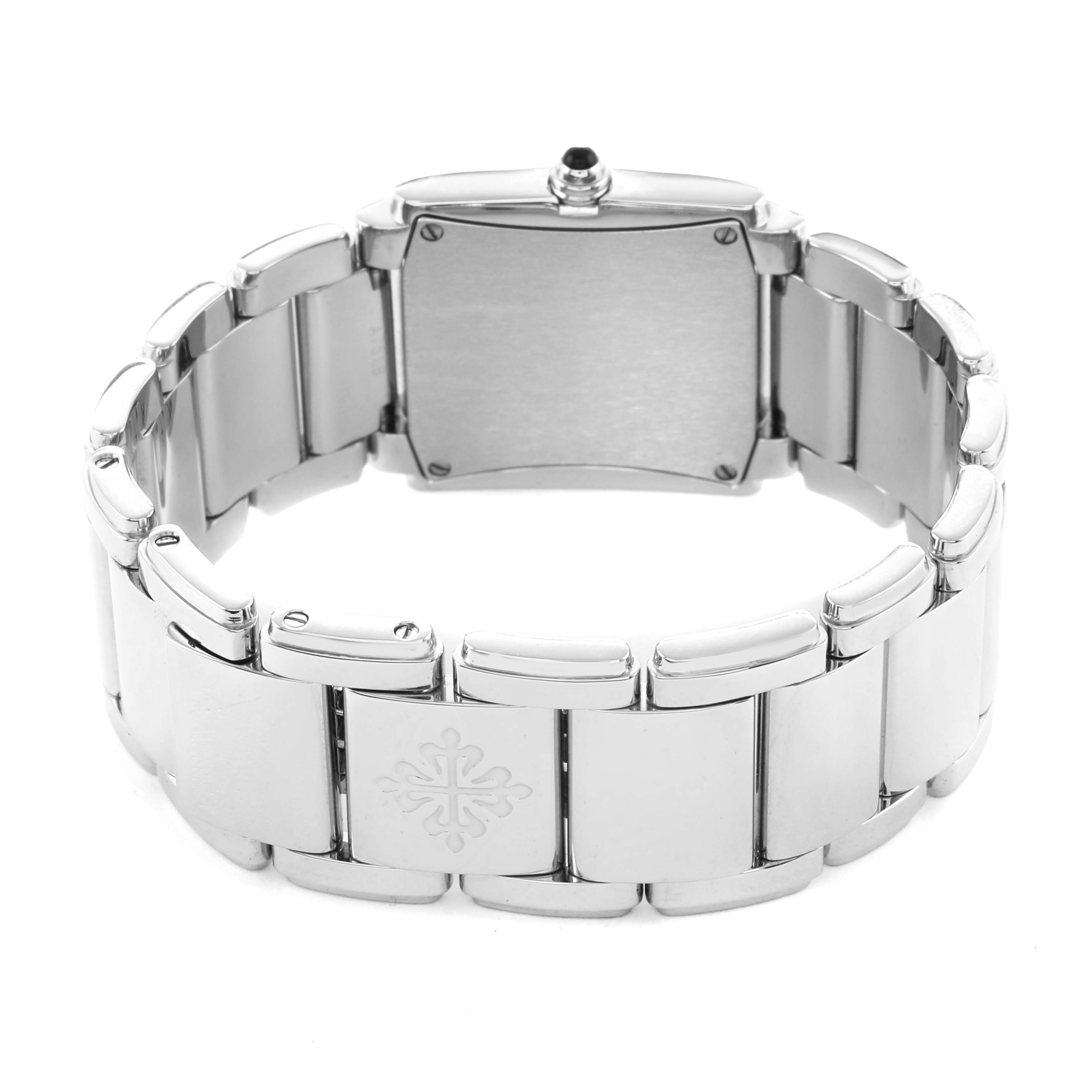 The image shows the back of a Patek Philippe Twenty-4 4910A Women's Stainless Steel Silver Dial watch, highlighting the clasp and bracelet links.